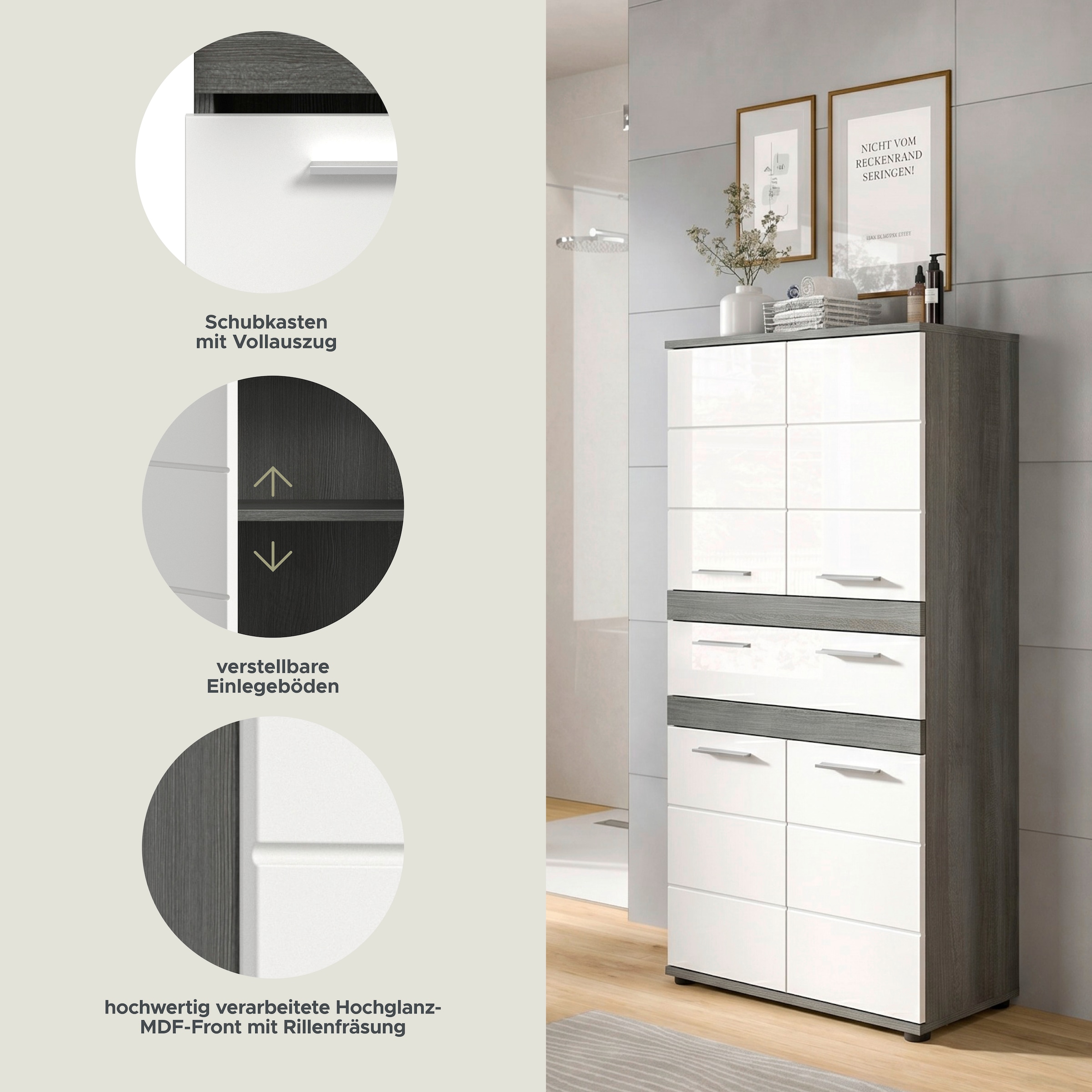 welltime Hochschrank »LUCCA, Höhe 137cm, 4 Türen, 1 Schubkasten, 4 Fächer« Badschrank, Badmöbel, Badezimmer, Universalschrank, Mehrzweckschrank