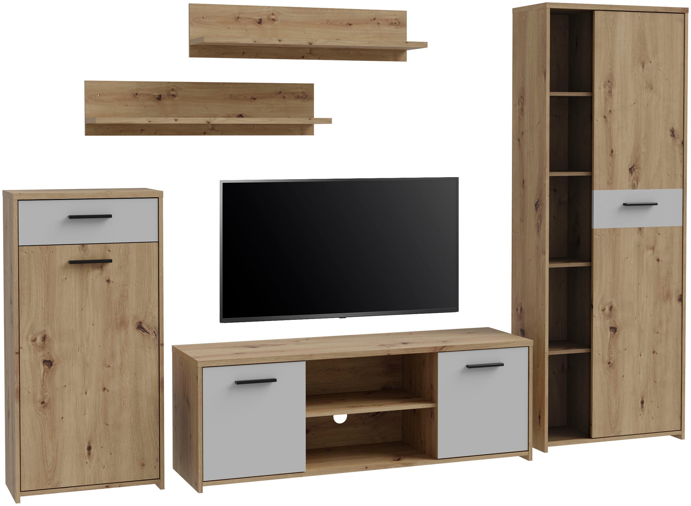 FORTE Wohnwand »Pablo«, (5 St.), Wohnwand 5teilig, Stauraum, Funktionalität, Artisan Eiche/Weiss