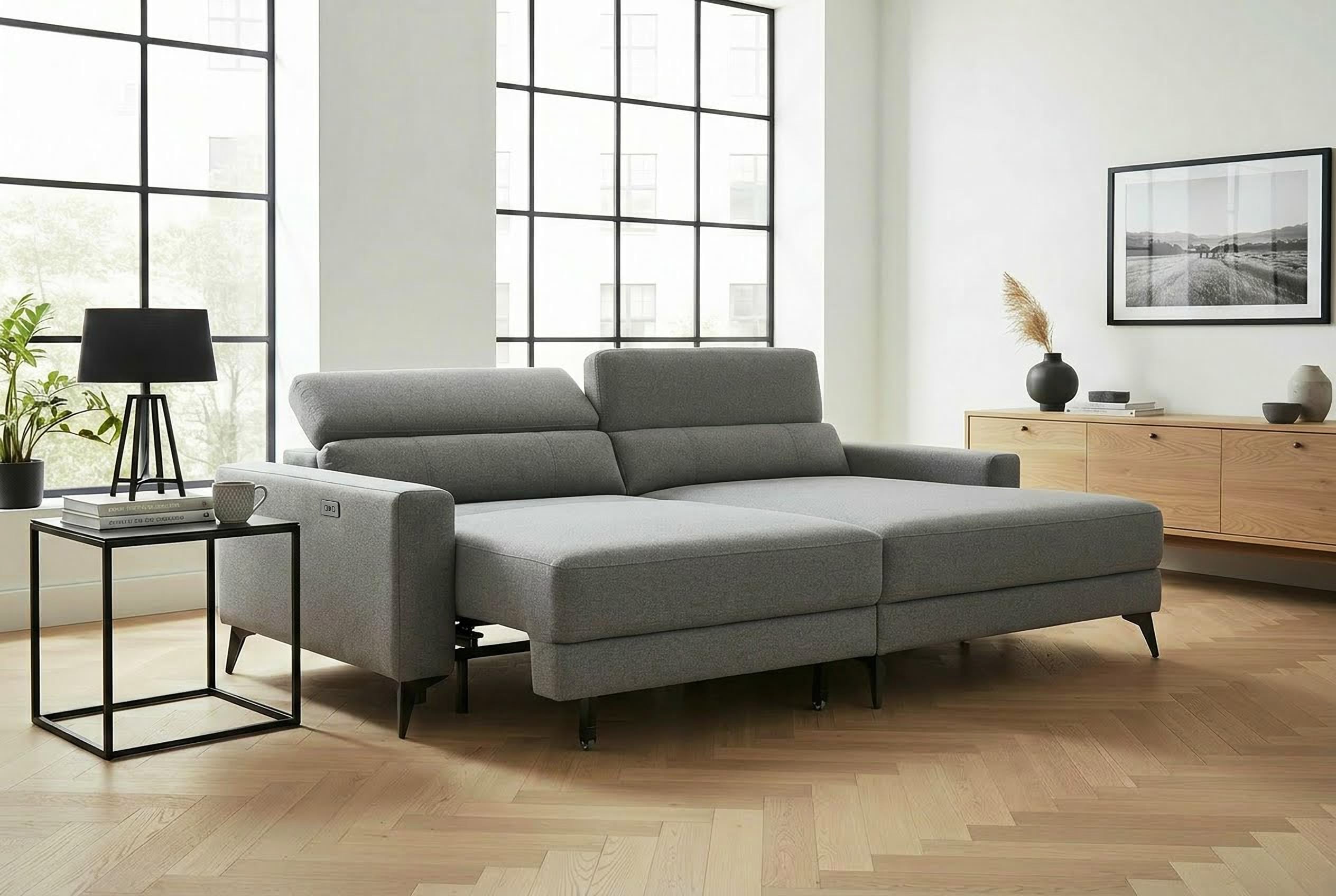 OTTO home Ecksofa "LEWII, Schlafsofa elektrisch mit Sitztiefenverstellung, L-Form, 225 cm" mit USB A/C-Anschluss. Federkern, verstellbaren Kopfstützen, Webstoff