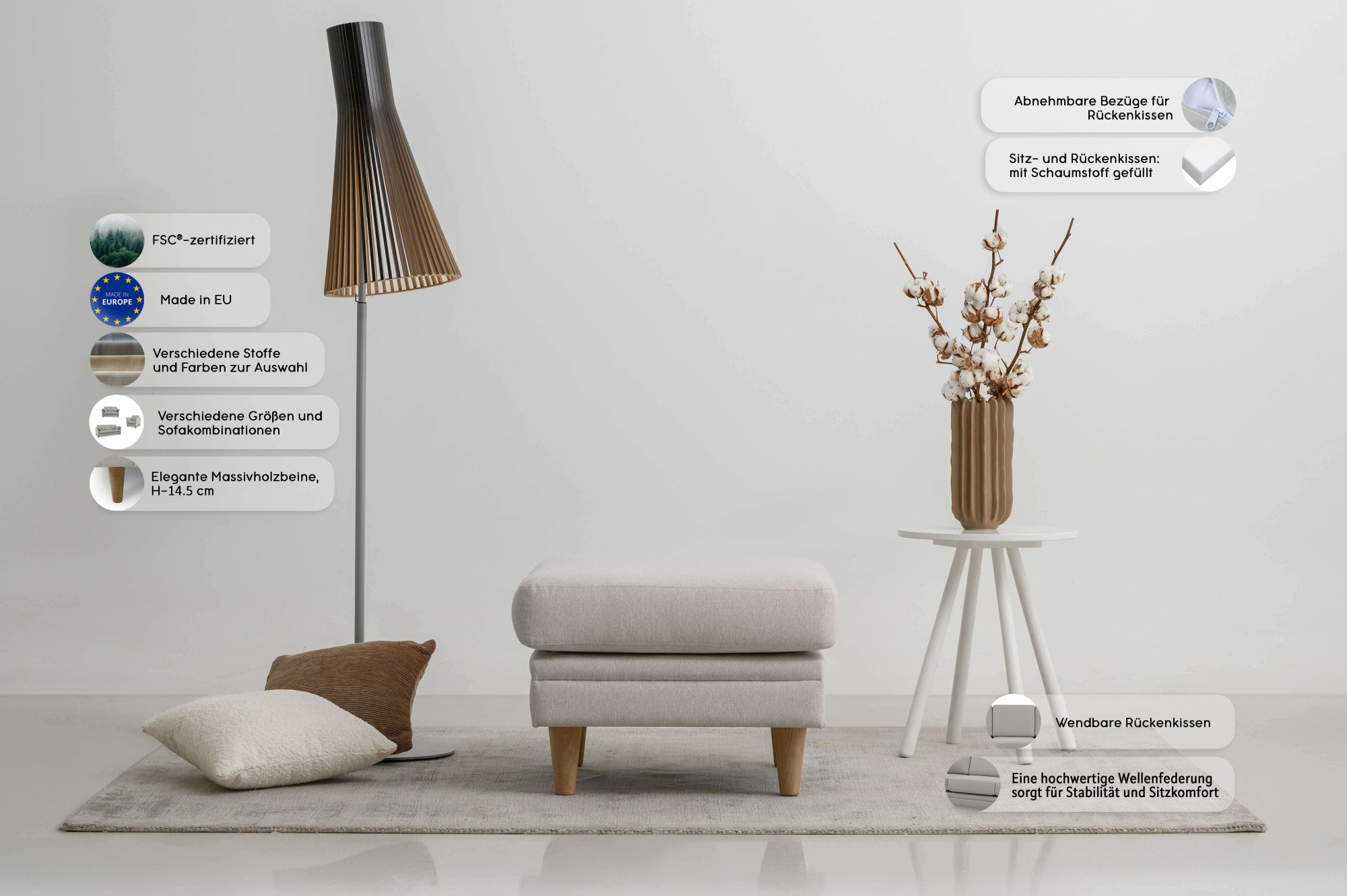 Home affaire Polsterhocker »Arellano, Breite 63 cm«, klassisches Design, mit Massivholzfüßen, Webstoff fein