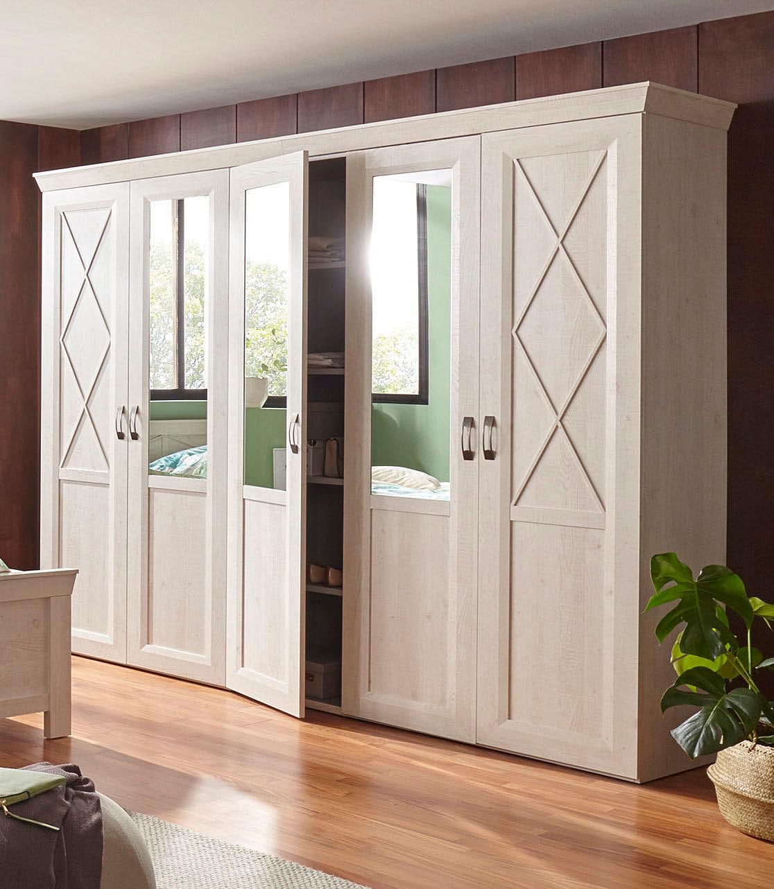 FORTE Kleiderschrank "Kashmir, klassischer Landhausstil, Made in Europe" Maße (B/T/H): 255/63/221 cm, mit Spiegel und dekorativen Fräsungen und Elementen