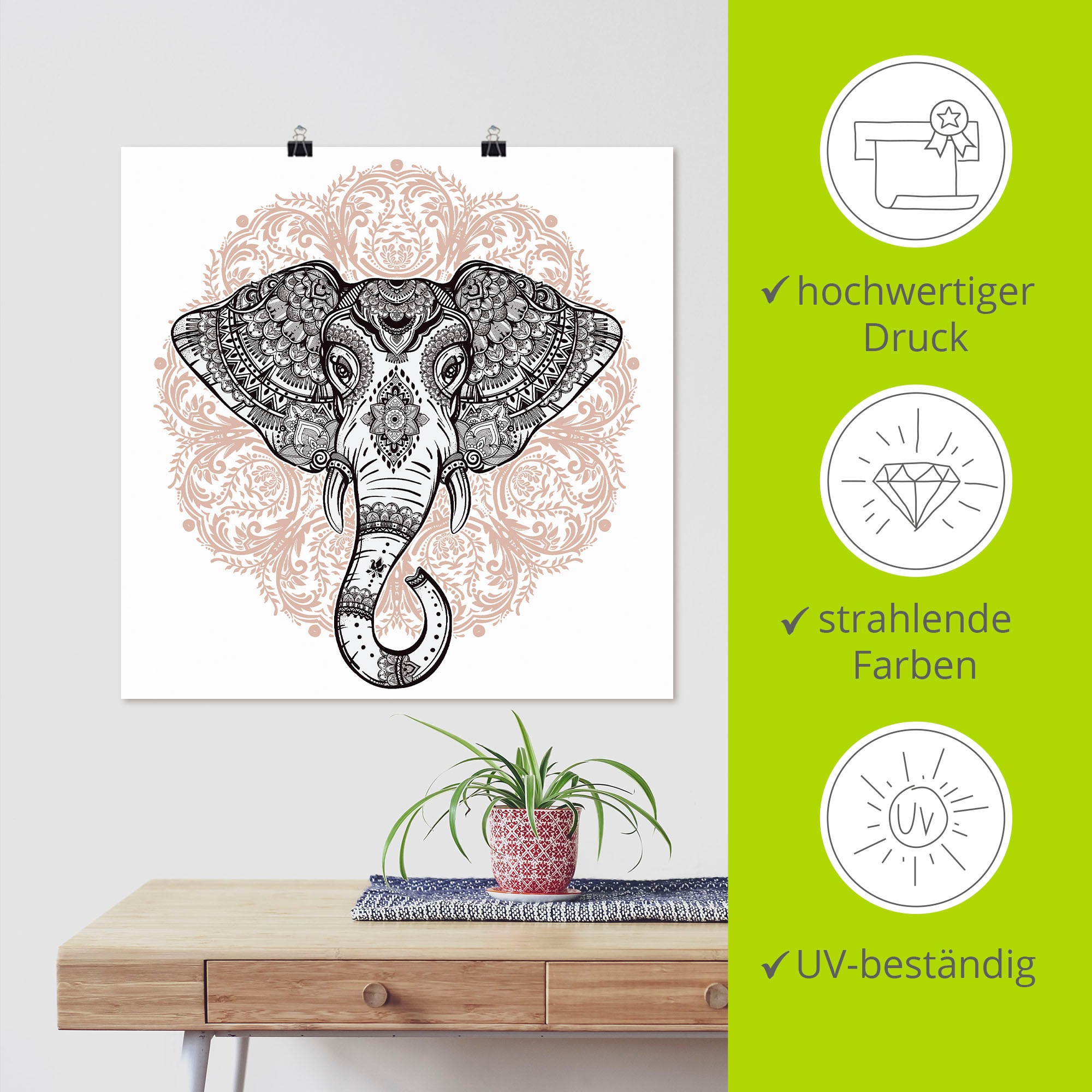 Artland Wandbild »Vintage Mandala Elefant«, Wildtiere, (1 St.), als Leinwandbild, Poster, Wandaufkleber in verschied. Größen