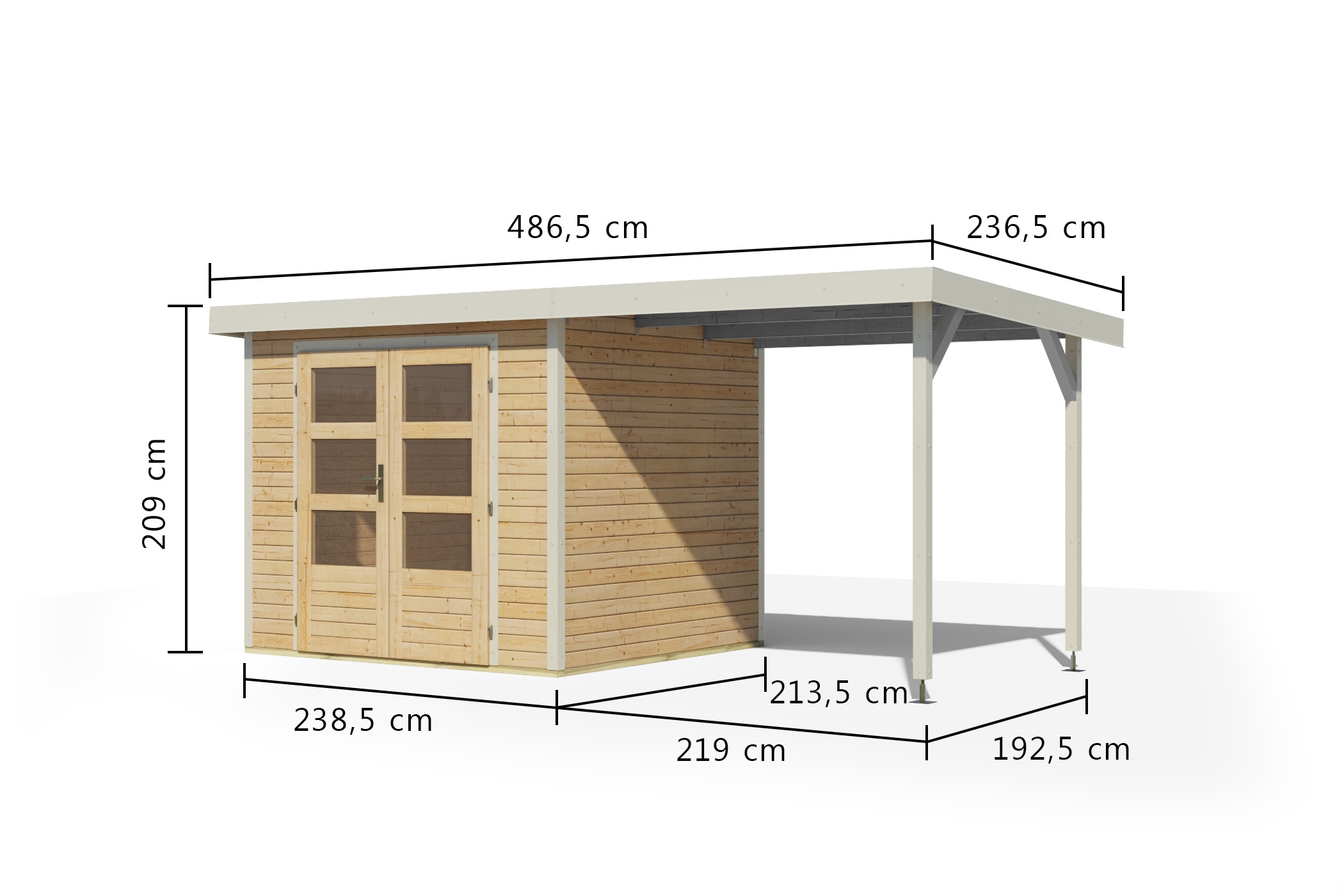 Karibu Gartenhaus »"Jupiter 3 A" SET naturbelassen, mit Anbaudach 2,35 m breit«, hochwertige Materialien: nordische Fichte, Stahlecken, Trapezblechdach