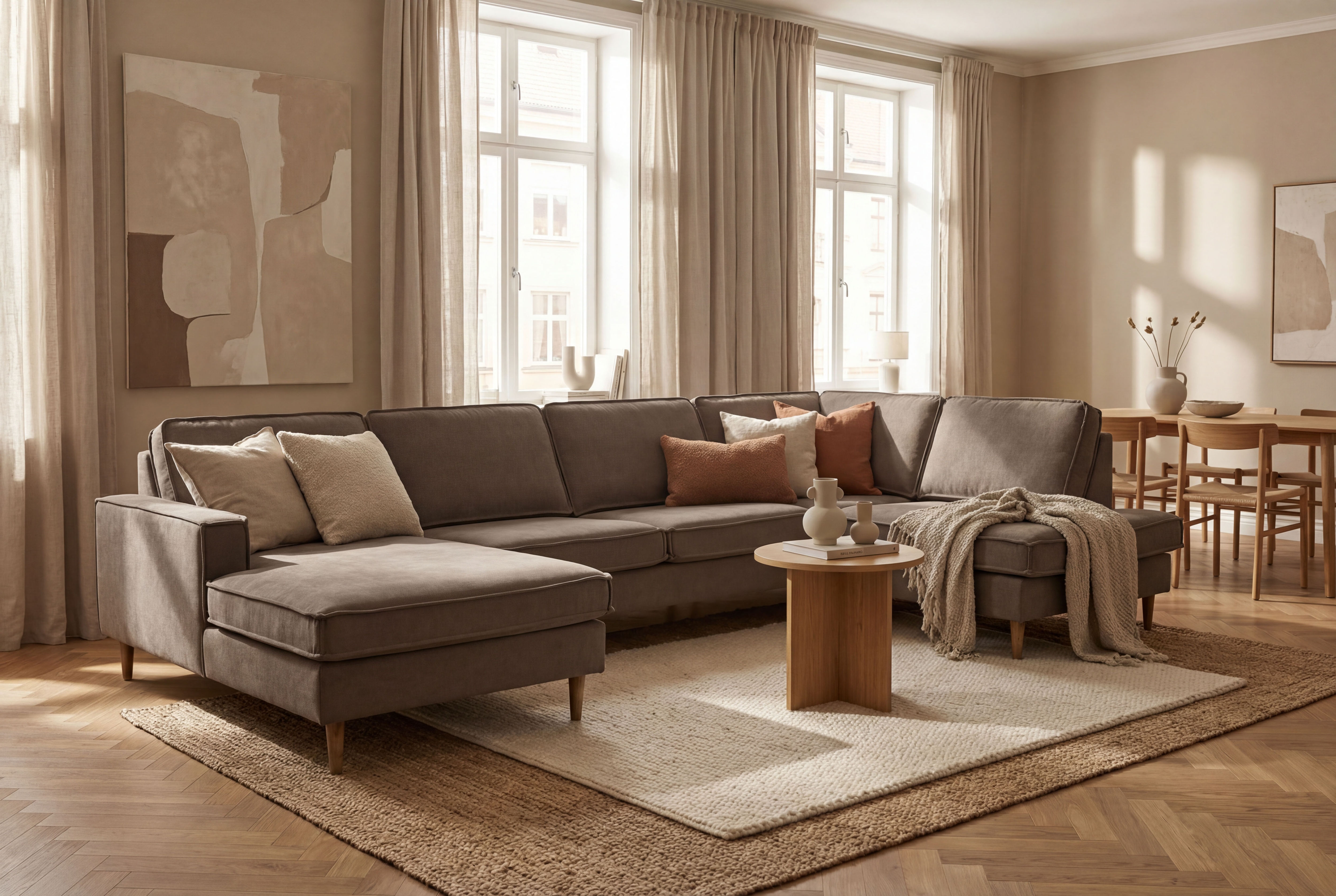 OTTO home Wohnlandschaft "Pinto Skandi, 350 cm, U-Form, XXL, mit Ottomanen" mit Keder, Massivholzfüße Eiche geräuchert, Wellenunterfederung