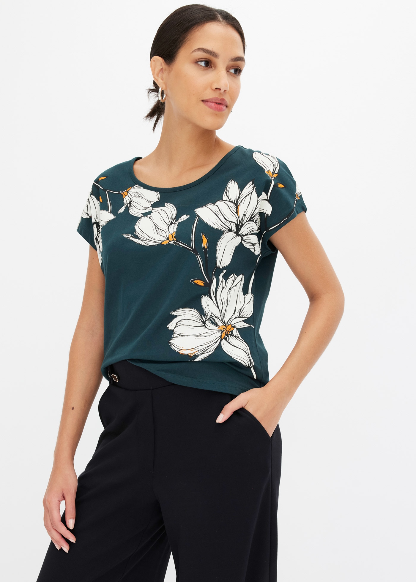 bonprix T-Shirt bequeme Passform, überschnittene Schultern, mit Blütenprint
