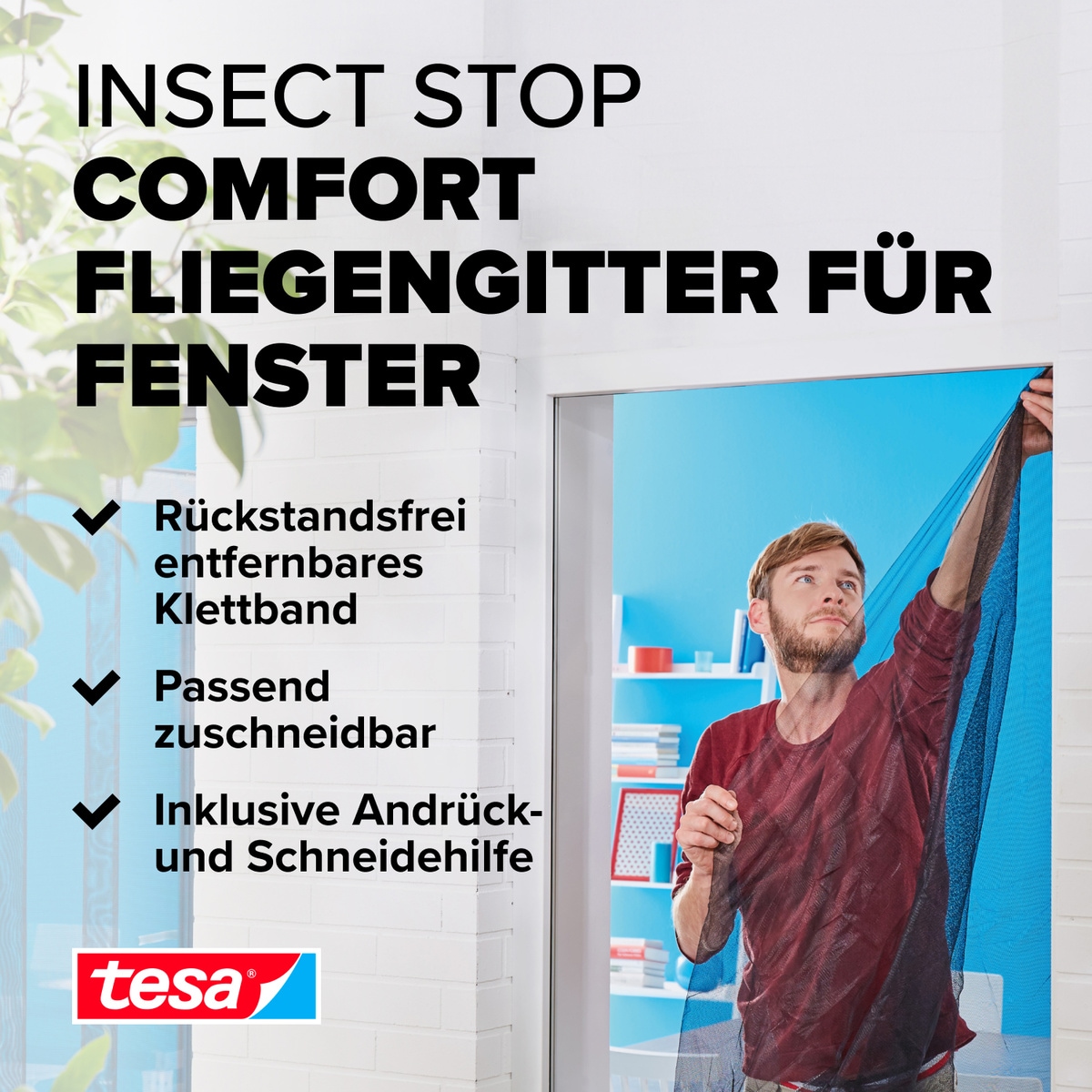 tesa Insektenschutz-Fensterrahmen »Insect Stop Comfort Fliegengitter für Fenster - 1.0 m : 1.0 m«, Insektenschutzgitter - Fliegenetz ohne Bohren -zuschneidbar