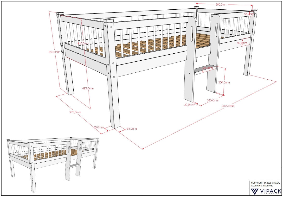 Vipack Massivholzbett »Forrest Massivholzbett Made in Europe, stabil und hochwertig gebaut« 90/200 cm, mit Rollrost und Leiter, seitenverkehrt montierbar, 