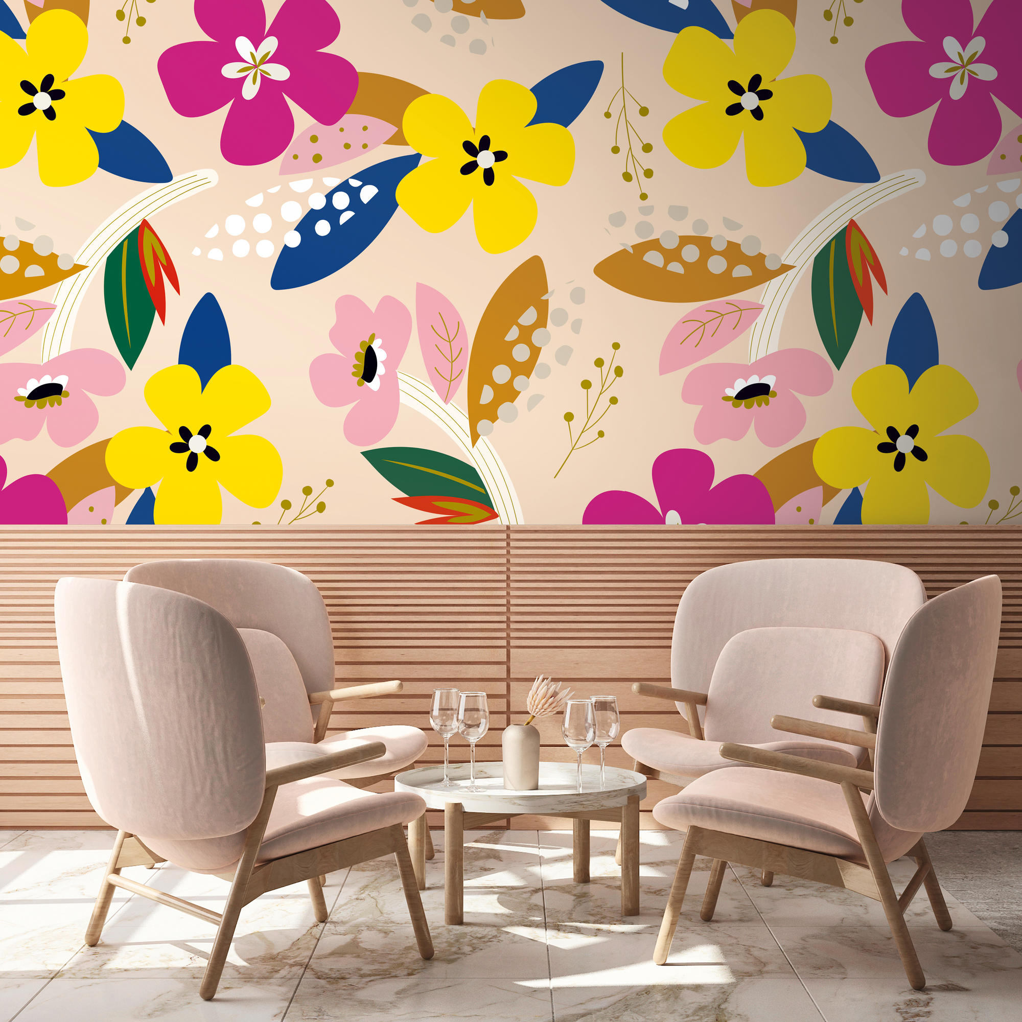 living walls "Blumentapete Bunt" gemustert matt neutral glatt Fototapete Floral Tapeten Wohnzimmer Schlafzimmer Küche Design Optik
