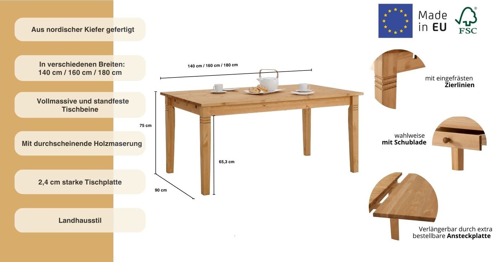 Esstisch OTTO HOME "Danuta", beige (natur geölt), B:160cm H:75cm T:90cm, Tische, Esstisch, wahlweise mit Schublade, aus massiver Kiefer, FSC-zertifiziert 2