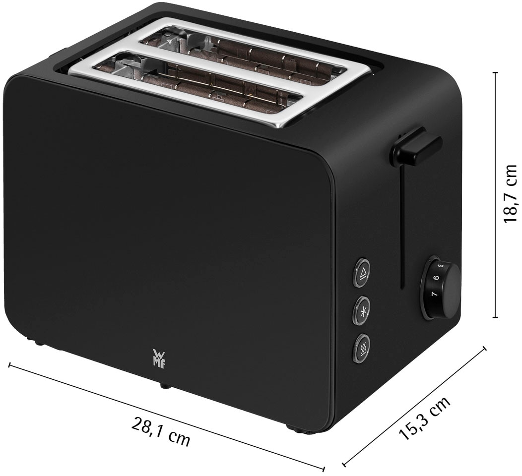 WMF Toaster »Stelio Edition Deep Black, 2-Scheiben-Toaster mit Brötchenaufsatz«, 2 kurze Schlitze, für 2 Scheiben, 1050 W, 7 Bräunungsstufen, Brotzentrierung, Krümelschublade, Cromargan Gehäuse