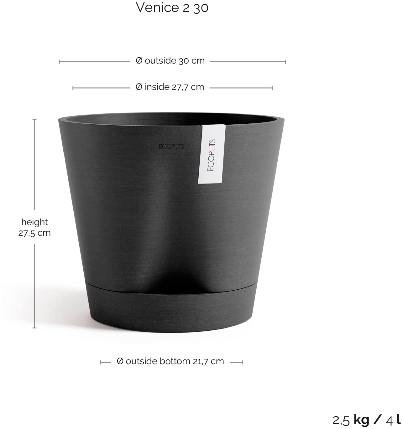 ECOPOTS Blumentopf »Venice 2 30 Dunkelgrau«, für den Innenbereich