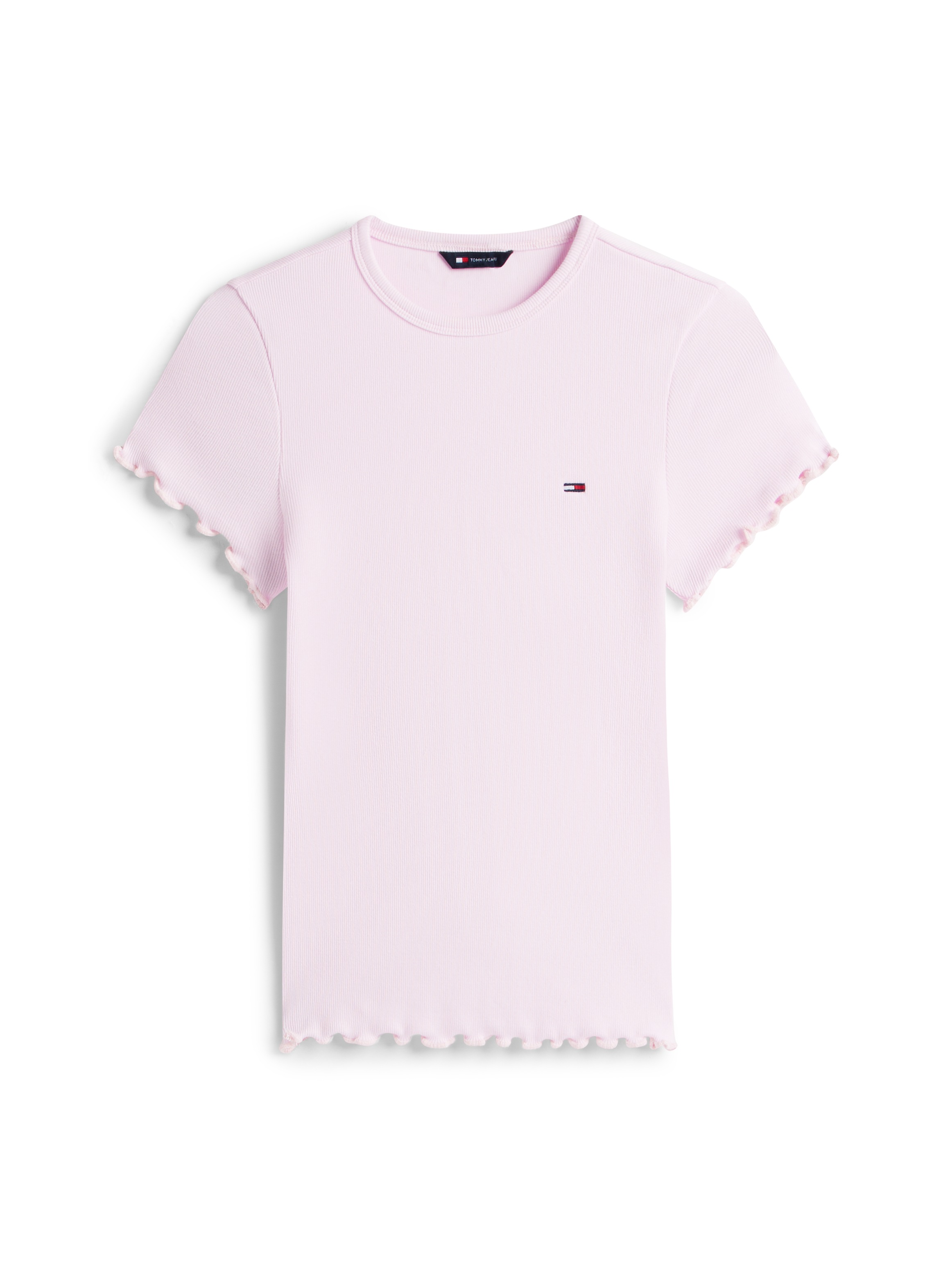 T-Shirt TOMMY JEANS "TJW SLIM LETTUCE EDGE RIB SS", Damen, Gr. S (36), pearly pink, Single Jersey, Obermaterial: 95% Baumwolle, 5% Elasthan, unifarben, slim fit, V-Ausschnitt, Shirts T-Shirt, mit gerippter Struktur 3