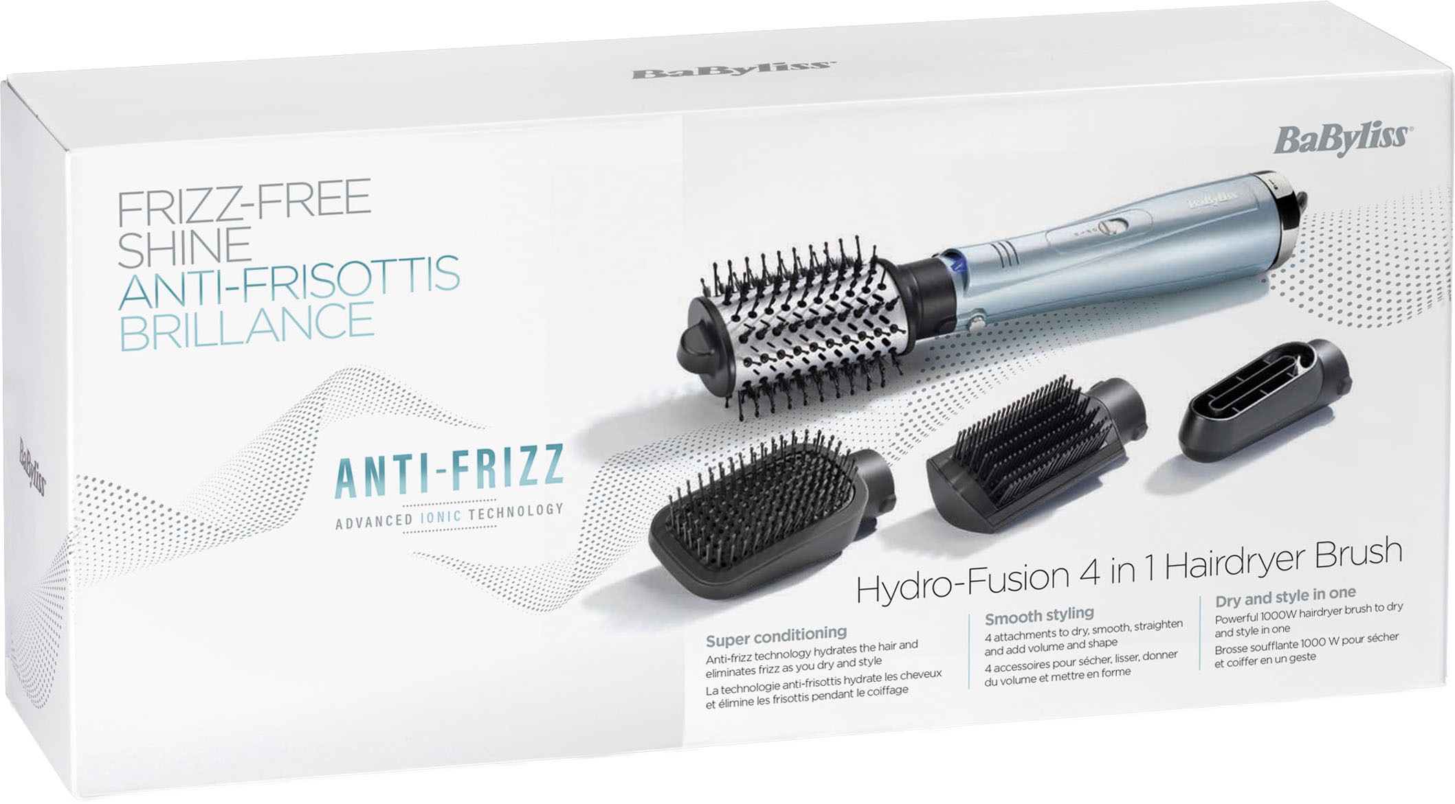 BaByliss Warmluftbürste »BaByliss Hydro Fusion Smooth & Shape 4-in-1 Warmluftbürste, AS774E« 4 Aufsätze Rundbürstenföhn mit Dual-Ionen für Anti-Frizz & 4 Aufsätzen, 1000W