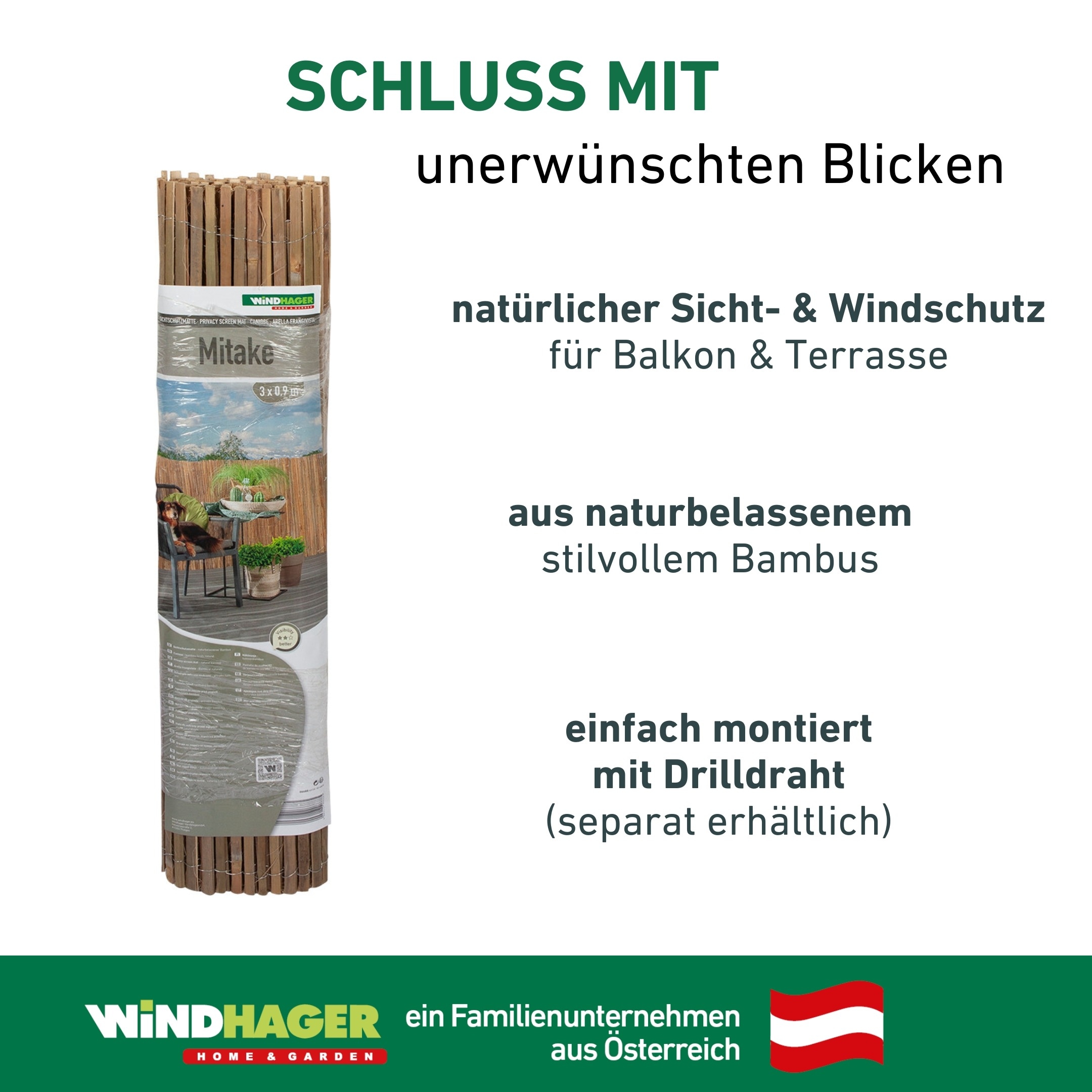 Windhager Sichtschutzzaunmatten natürlicher Sicht- und Windschutz für Balkon und Terrasse, L: 3 m