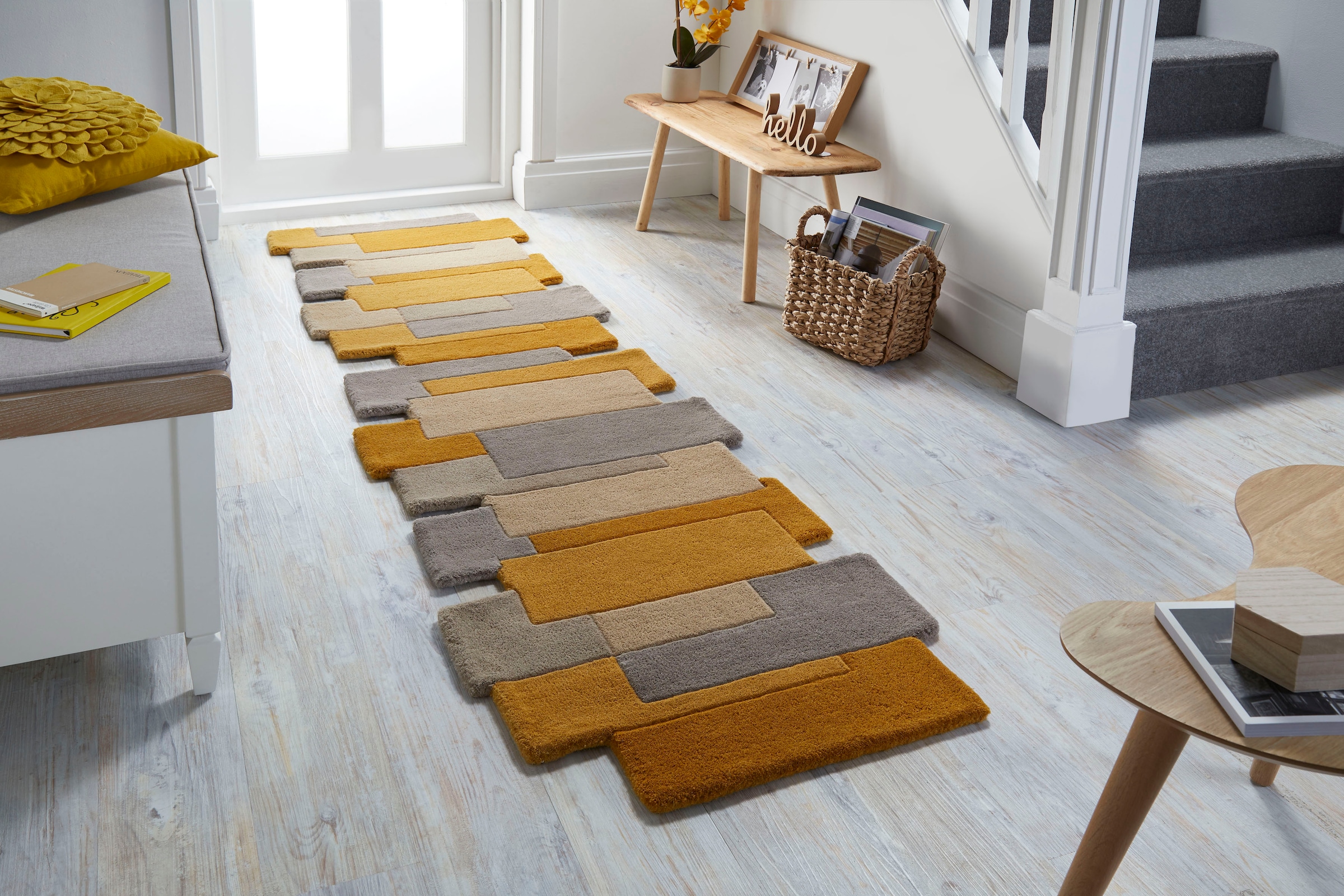 Läufer FLAIR RUGS "Abstract Collage, 100% Wolle, Karo Design", gelb (ocker), B:60cm H:11mm L:230cm, Wolle, Teppiche, Läufer, Patchwork, modern, mehrfarbig, Läufer, Wohnzimmer, Flur, Schlafzimmer
