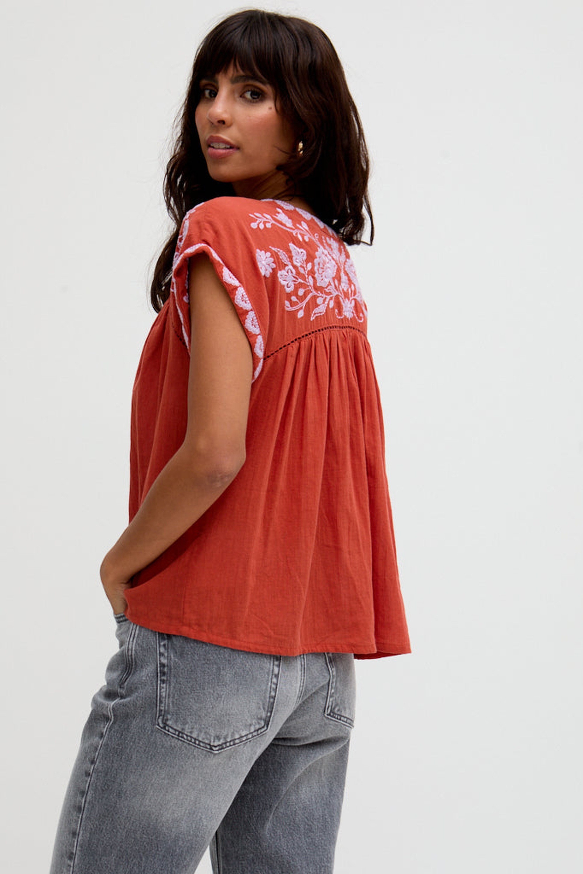 RAFFYA Hemdbluse »Luna V-Neck Embroidered Blouse Damen«