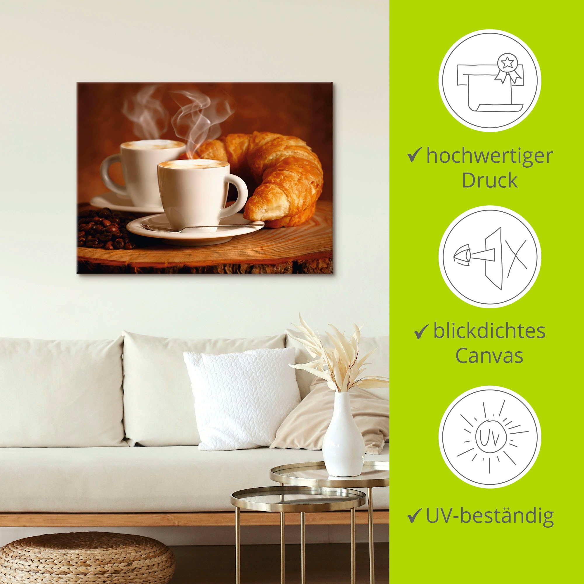 Artland Wandbild »Dampfender Cappuccino und Croissant«, Getränke, (1 St.), als Leinwandbild, Poster, Wandaufkleber in verschied. Größen