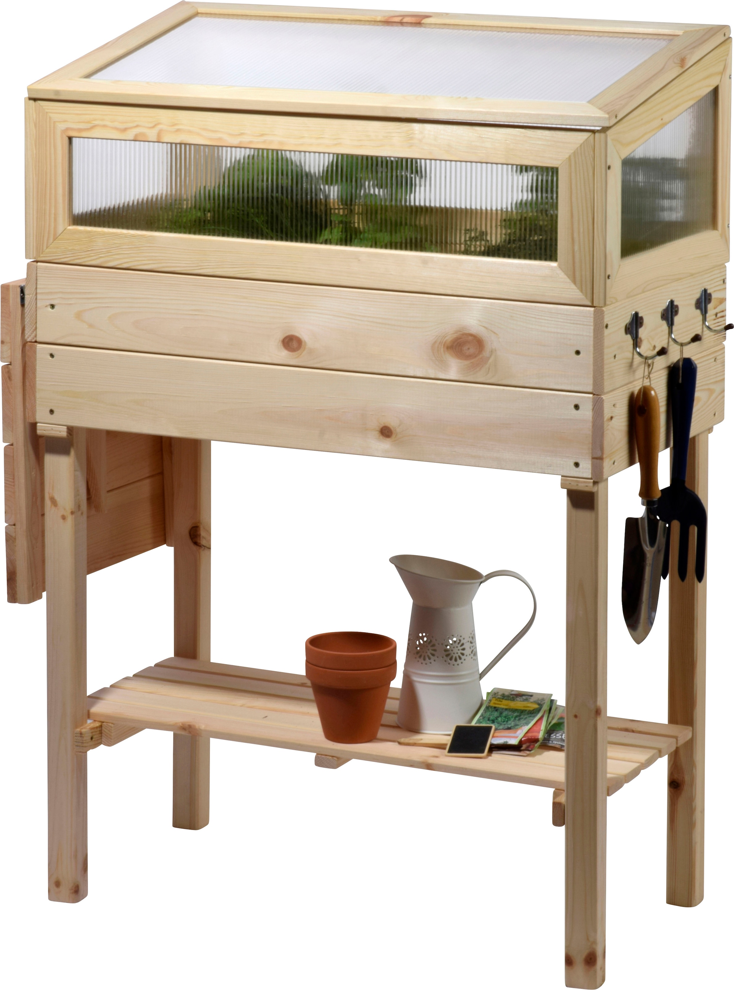 dobar Hochbeet erhöhtes Frühbeet mit Tisch & Haken, Gr. M, Kiefer