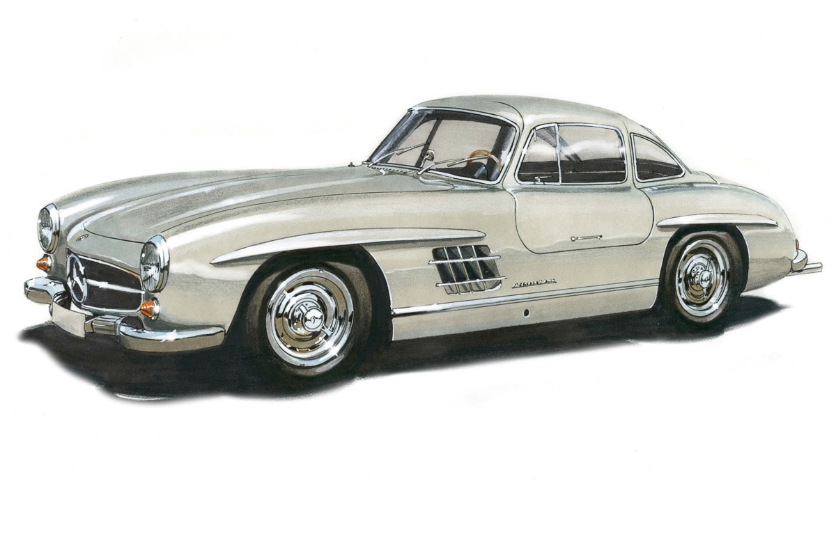 Papermoon Fototapete "MB300SL GULLWING 1954 -VINTAGE AUTO ILLUSTRATION RETRO"