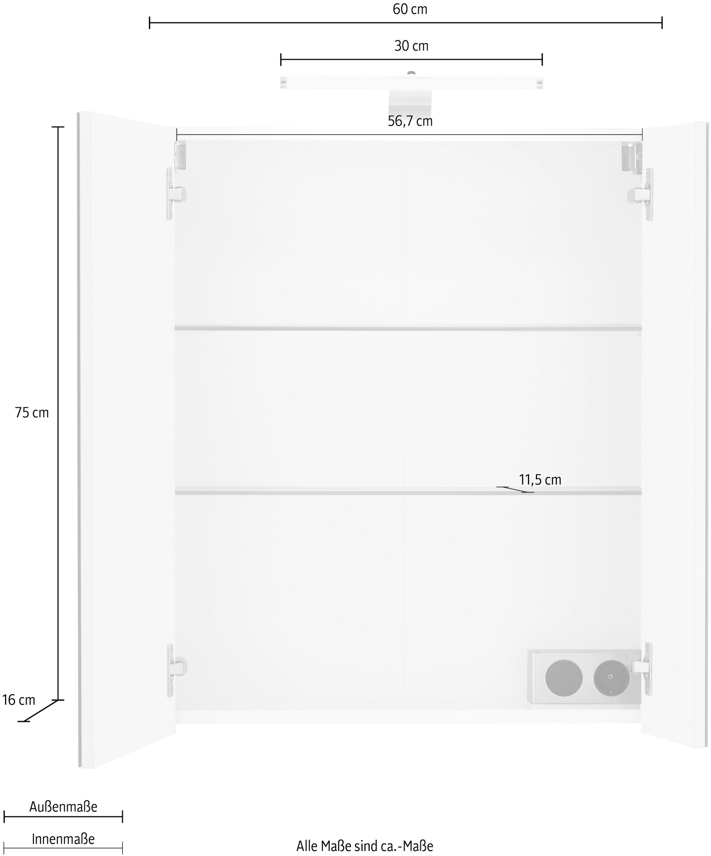2-türig, Schildmeyer Schalter-/Steckdosenbox LED-Beleuchtung, bestellen BAUR | »Lagona«, 60 cm, Breite Spiegelschrank