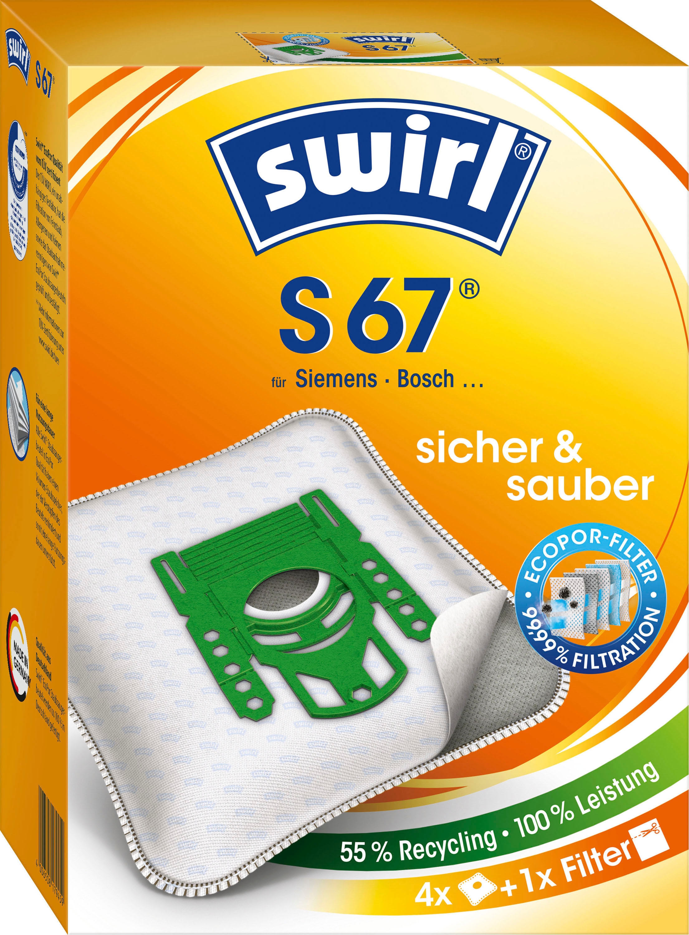 Swirl Staubsaugerbeutel »Swirl® S 67 Staubsaugerbeutel für Siemens und Bosch«, (Packung), 4er- Pack