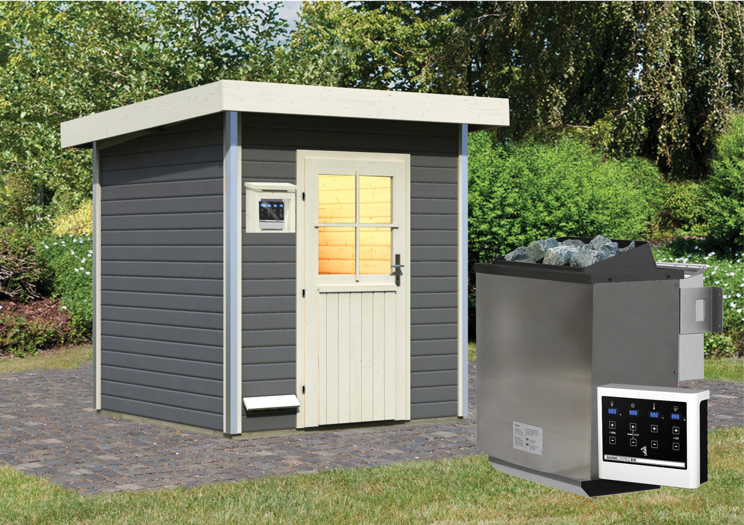 Karibu Saunahaus »Klaas«, klassiche Tür, Ofen 9 kW Bio externe Strg Easy