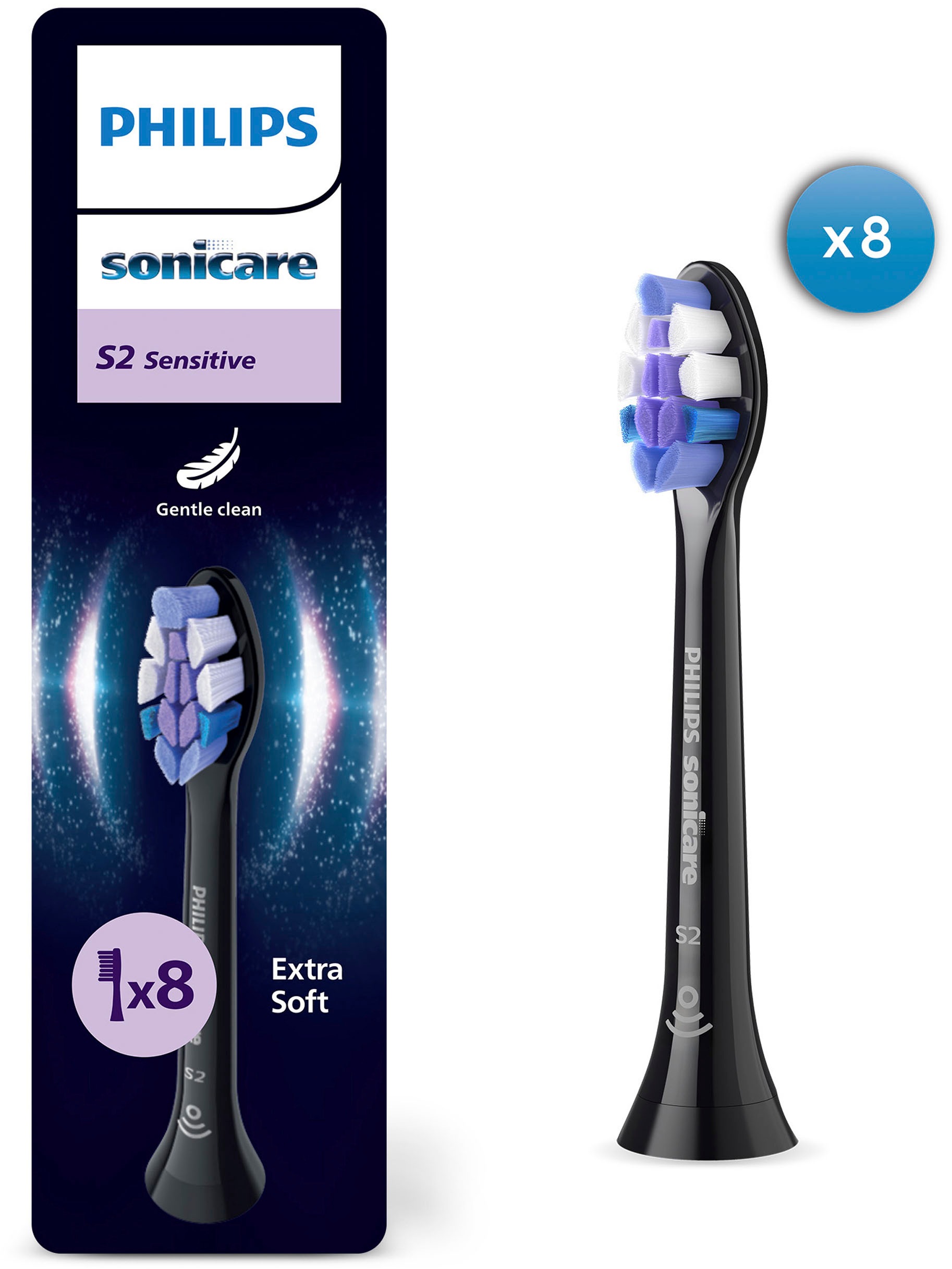 Aufsteckbürsten "Sensitive", 8 Stk., schwarz, PHILIPS SONICARE, Zahnbürstenköpfe, für sensible Zähne und Zahnfleisch, für jedes Sonicare Handstück