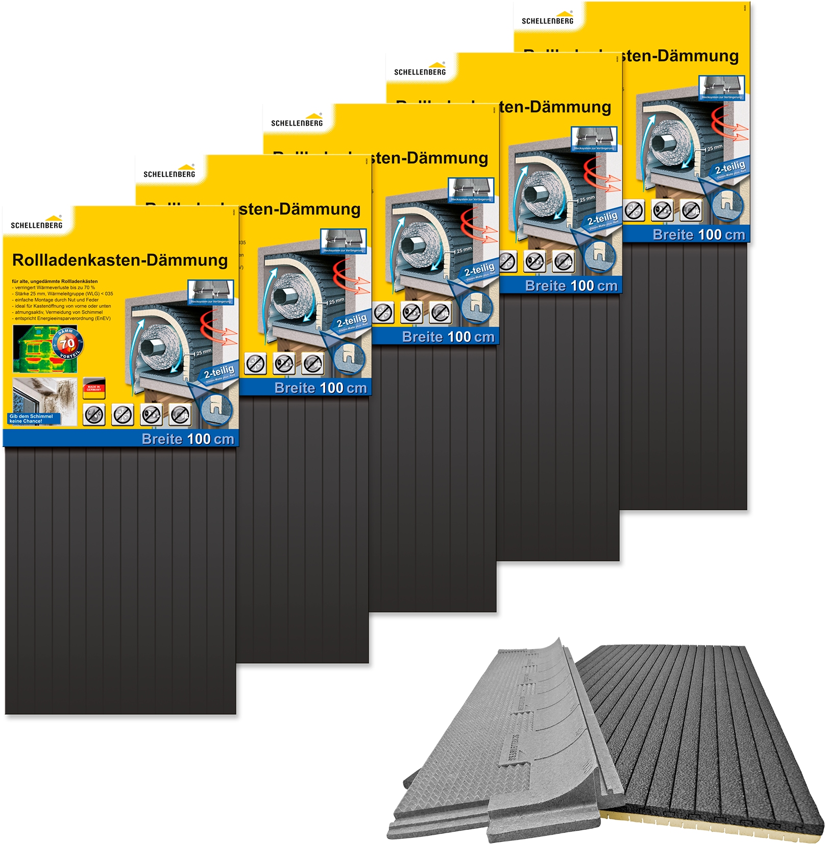 SCHELLENBERG Rollladenkastendämmung "2-teilig, 100 x 50 x 2,5 cm" Set, 5 Stk. tlg. Thermoisolierung für Rollläden, Wärmedämmung für große Rollladenkästen