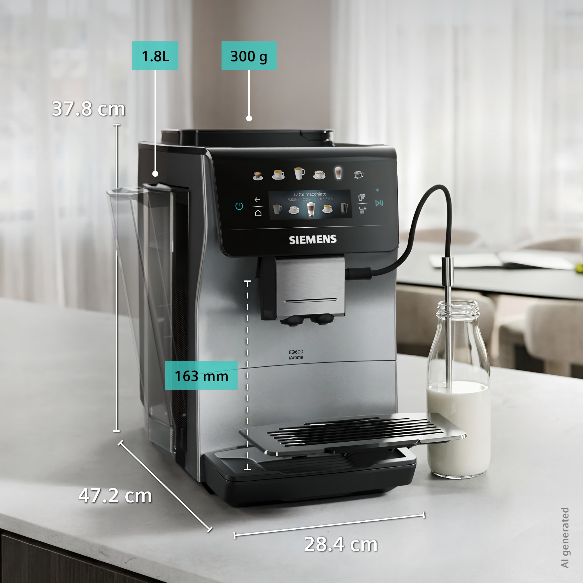 SIEMENS Kaffeevollautomat »EQ600 TP603E07, 6 Getränke, XL-Getränke, bis zu 480ml, Keramikmahlwerk« Doppeltassenfunktion, Kannenfunktion, entnehmbare Brüheinheit, Silber