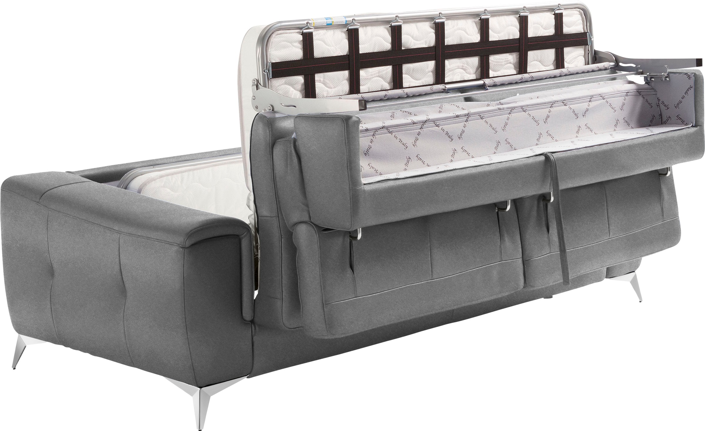 Egoitaliano Schlafsofa »Francine Designsofa, Loungesofa mit Dauerschlaffunktion, Breite 233 cm«, Bettfunktion, Luxus-Microfaser Lederoptik, steingrau, Fußfarbe chrom