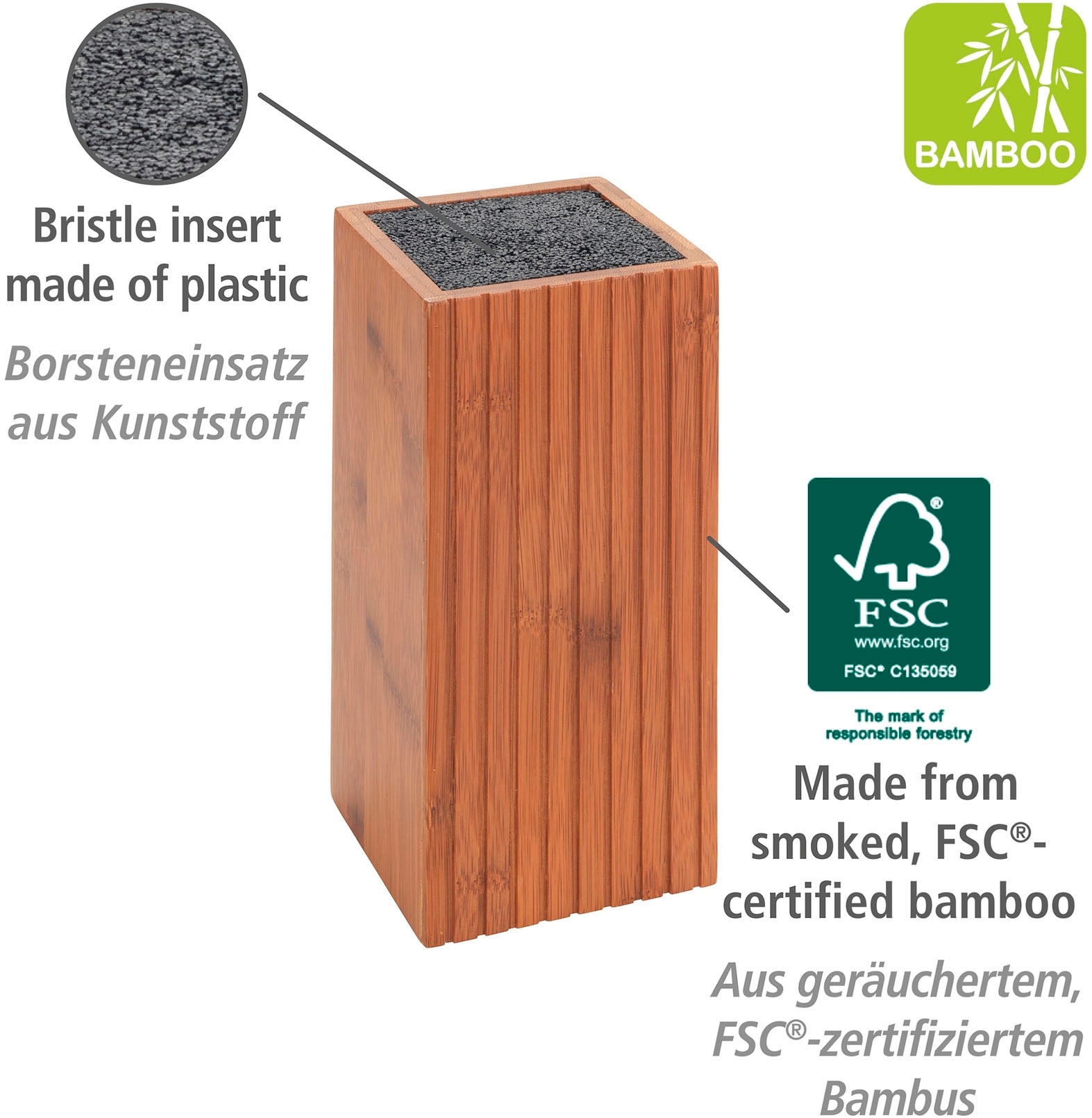 WENKO Messerblock »Modell Mera mit Messerset & Schere«, 5 tlg., rostfreier Edelstahl und geräucherter Bambus, FSC®-zertifiziert