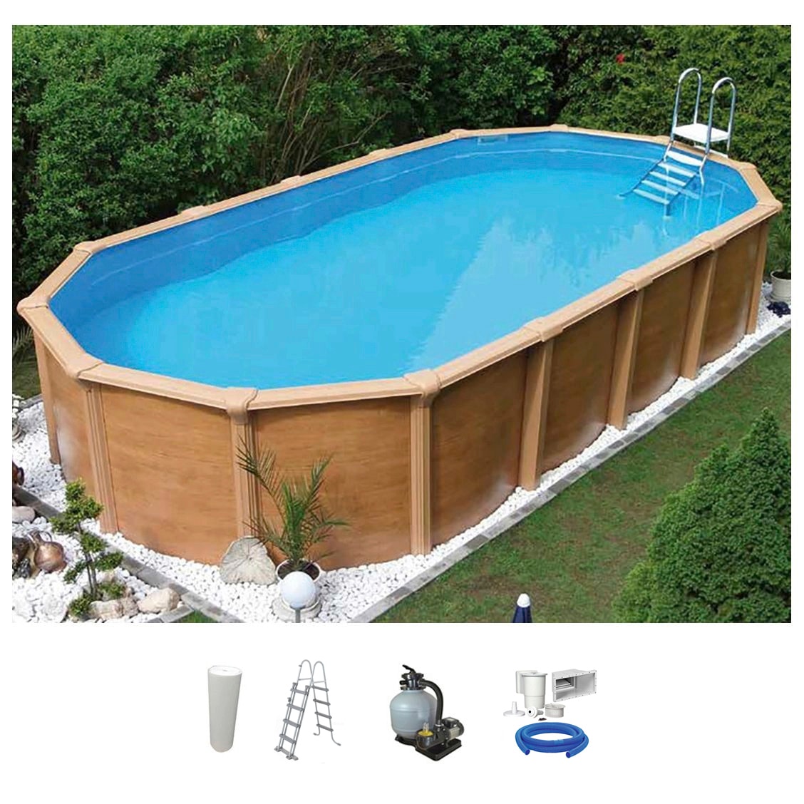 KWAD Ovalpool "Wood Design inkl. Sicherheitsleiter & Zubehör" 5-tlg., Höhe: 132 cm, sandfarbene Innenfolie