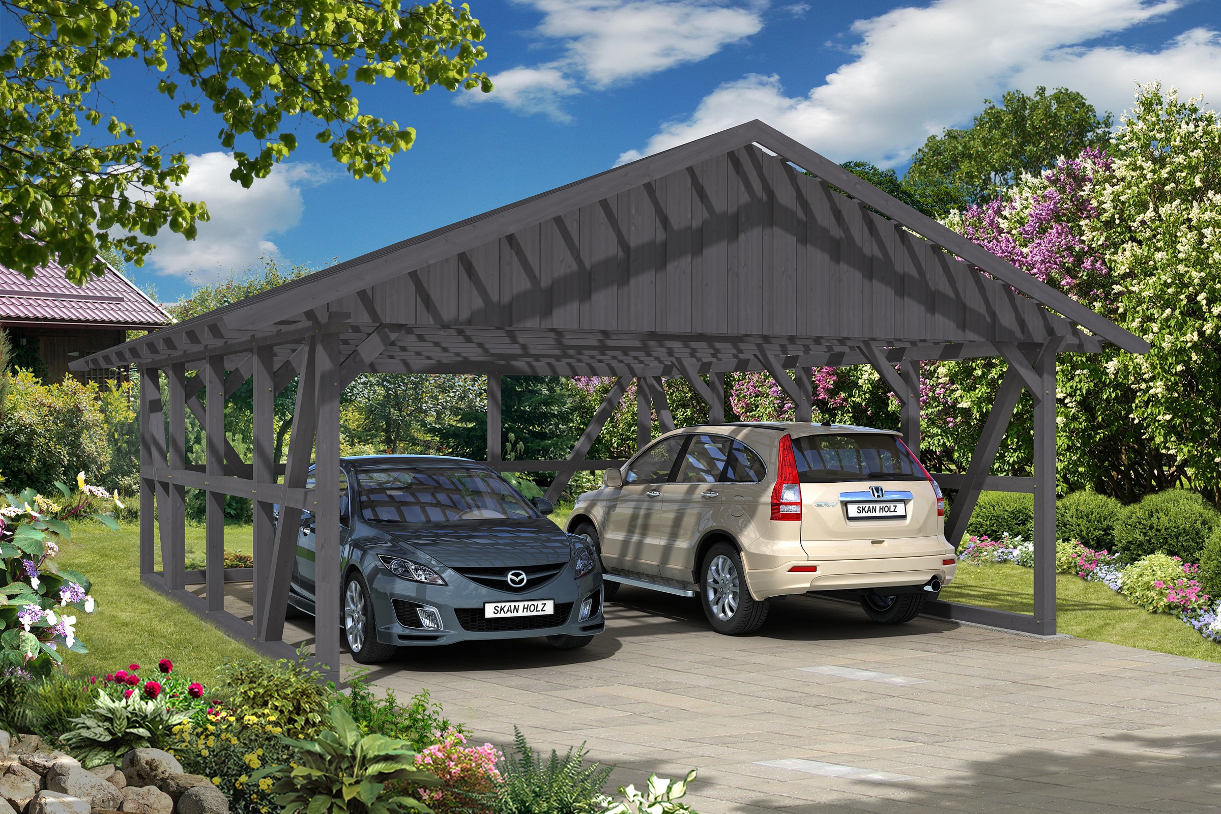 Skanholz Doppelcarport »Schwarzwald«, KVH-Fichte, 560 cm, Schiefergrau, mit Dachlattung