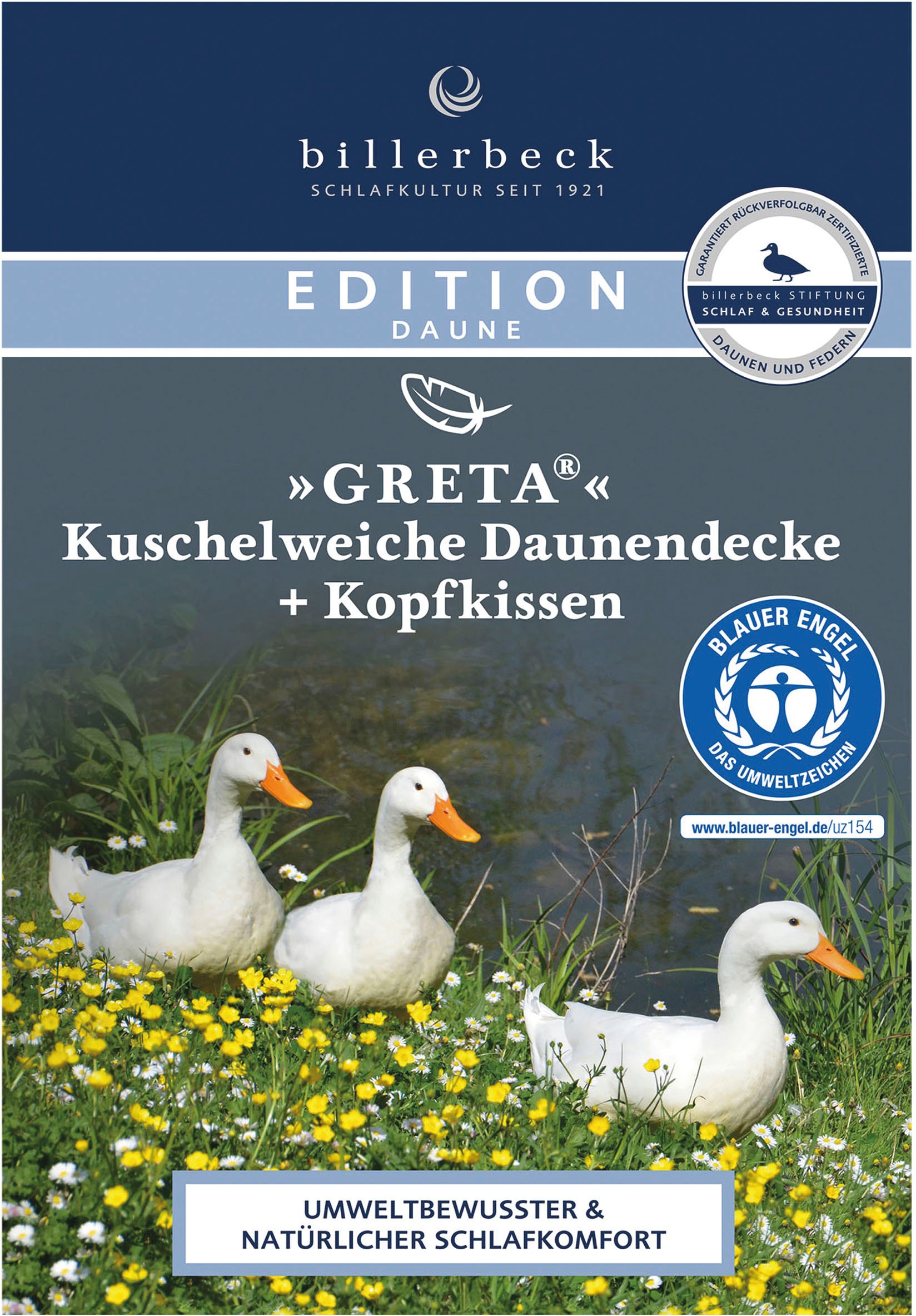 billerbeck Daunenbettdecke »E14 Greta, Bettdecke in 135x200 cm, 155x220 cm, Sommer, Winter«, normal, Füllung 90% Entendaune, 10% Entenfeder, Bezug 100% Baumwolle, (1 St.), Die Daunendecke mit dem blauen Engel