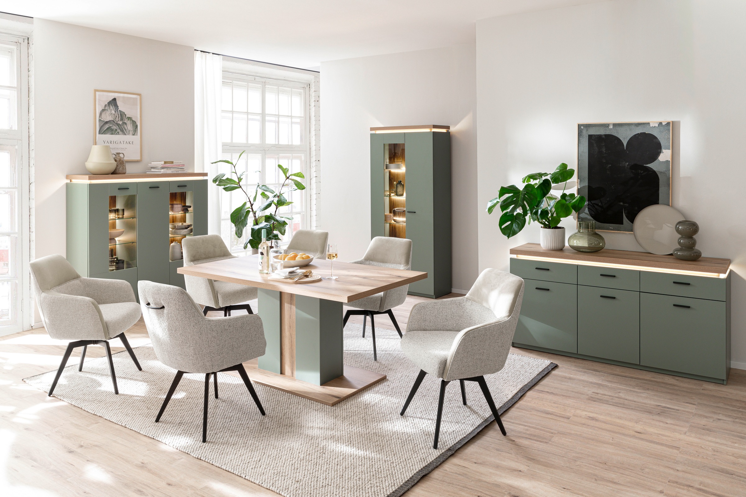 MCA furniture Sideboard »MONIZ Sideboard«, (1 St.), Kommode,Eiche Salbeigrün,3 Türen,3 Schubkästen,gedämpft,Breite 156 cm