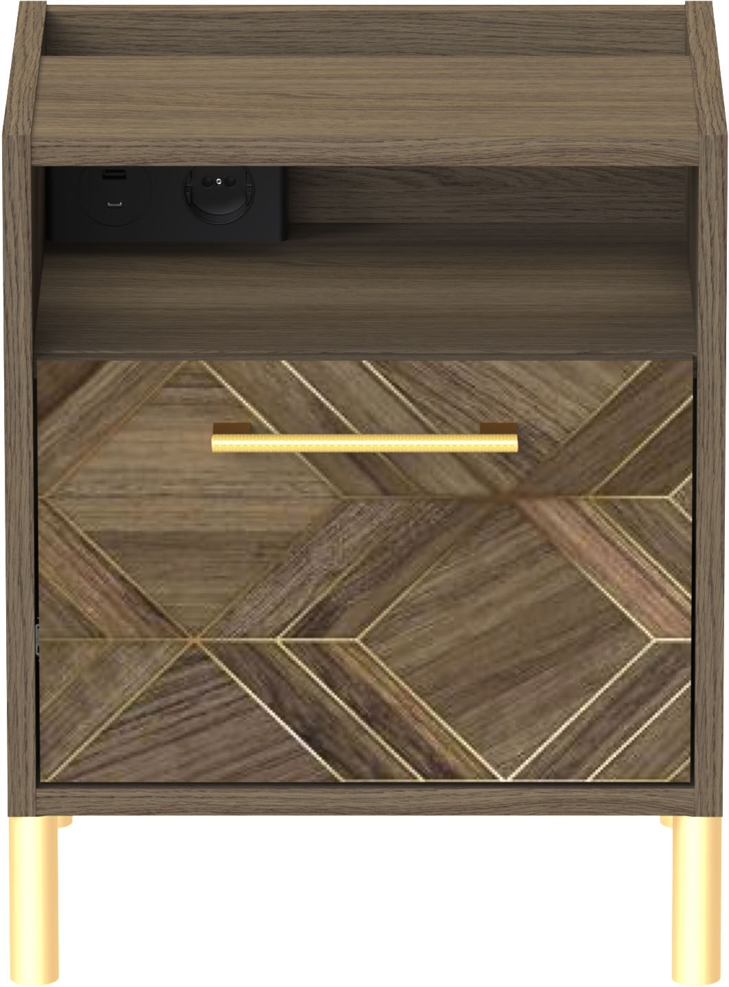 Schildmeyer Nachtschrank »Glenn, mit smarter Ladestation & Steckdose, Made in Germany« 1 Stk. tlg. Nussbaum Art-Déco Design mit eleganten Goldakzenten, Made in Germany