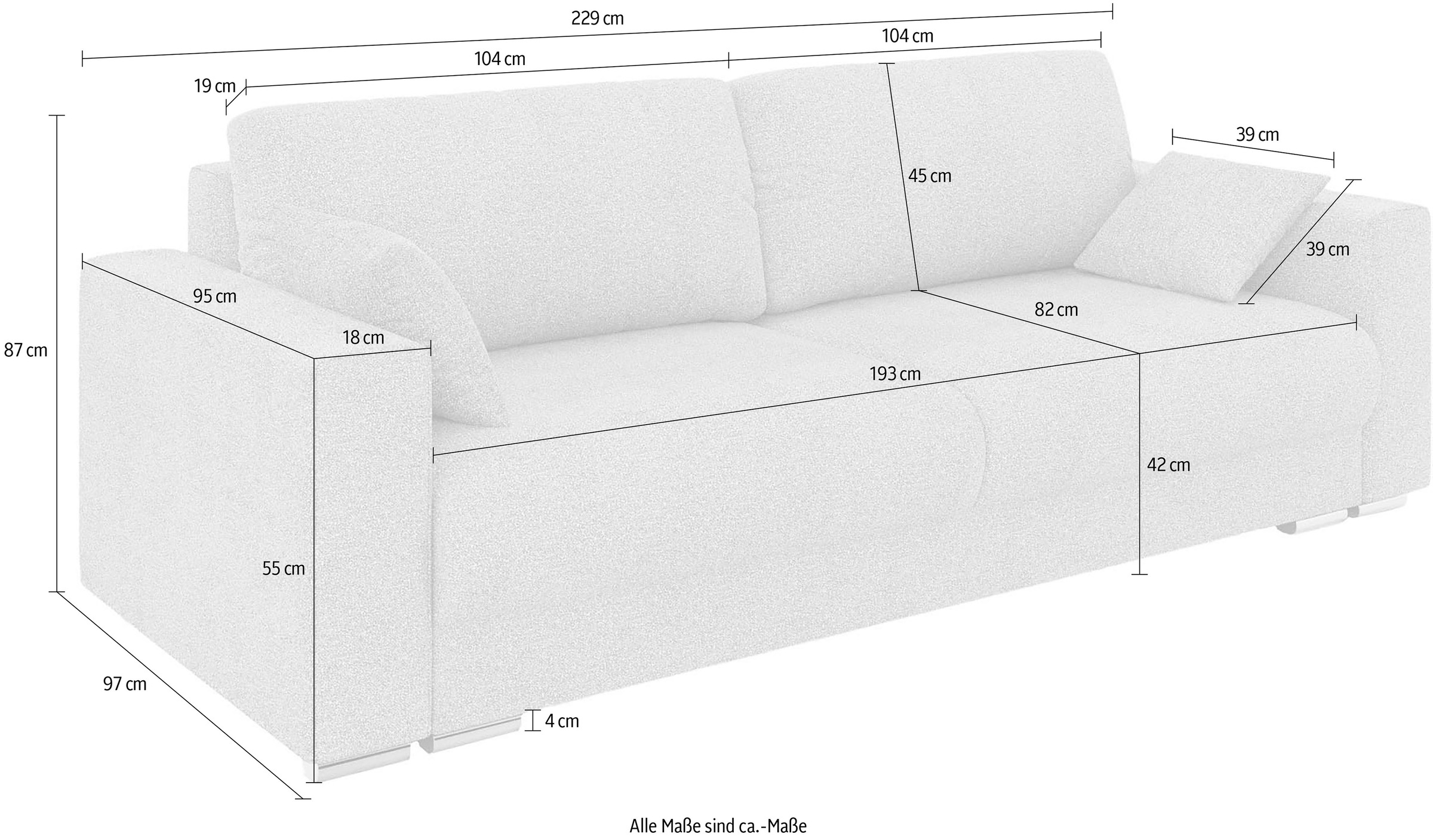 INOSIGN 3-Sitzer »Stevinson Schlafsofa mit Bettkasten, Maße B/H/T: 229/87/97 cm«, mit Wellenunterfederung, 2 Rückenkissen und 2 Zierkissen