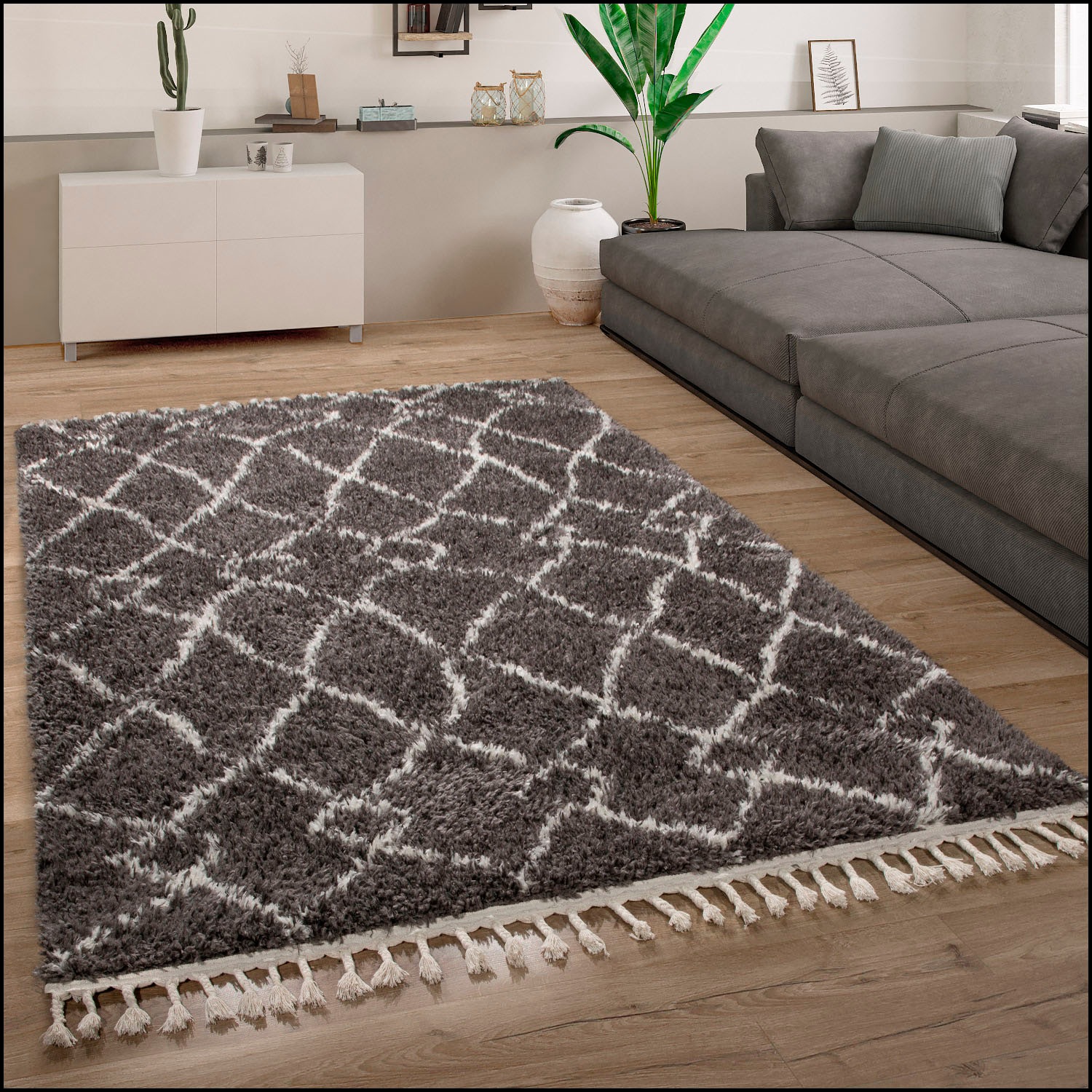 Paco Home Hochflor-Teppich »Orebro 170«, rechteckig, 44 mm Höhe, modernes Rauten Muster, besonders weich & kuschelig, mit Fransen
