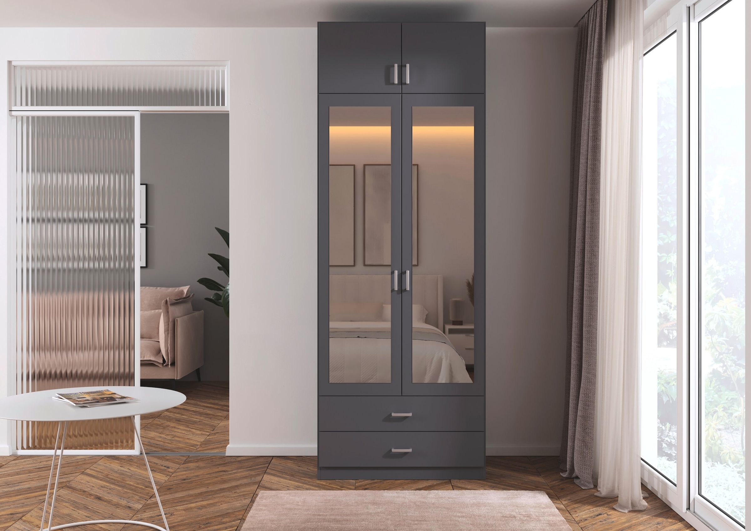 rauch Kleiderschrank »Schrank Garderobe Wäscheschrank GAMMA in 4 Breiten 91-226 cm« 3 verschiedene Ausstattungen BASIC/CLASSIC/PREMIUM (inkl. SOFT-CLOSE),  mit Schubladen und Schrankaufsatz sowie Spiegel MADE IN GERMANY