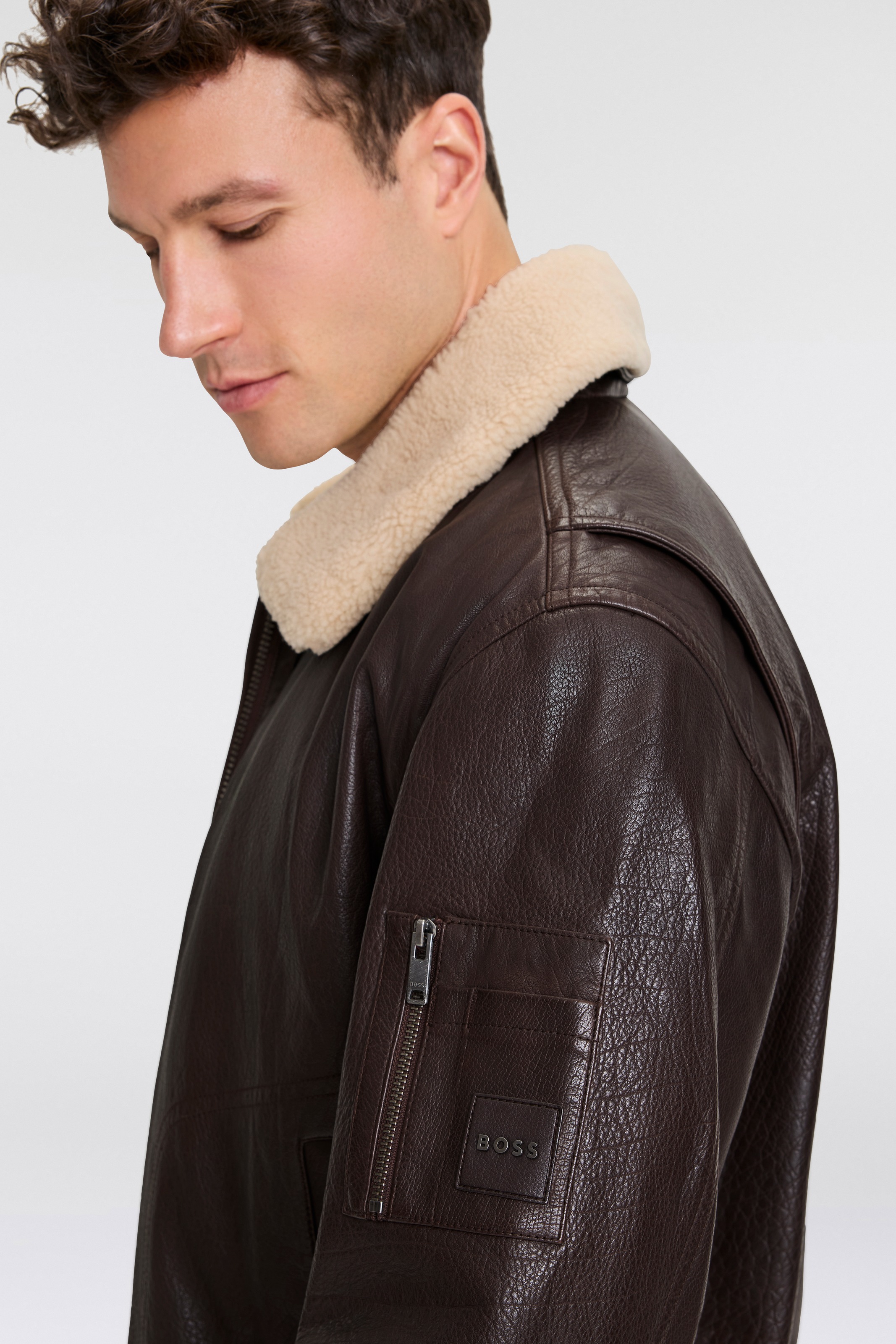BOSS ORANGE Lederjacke »Jobark«, mit Fellkragen