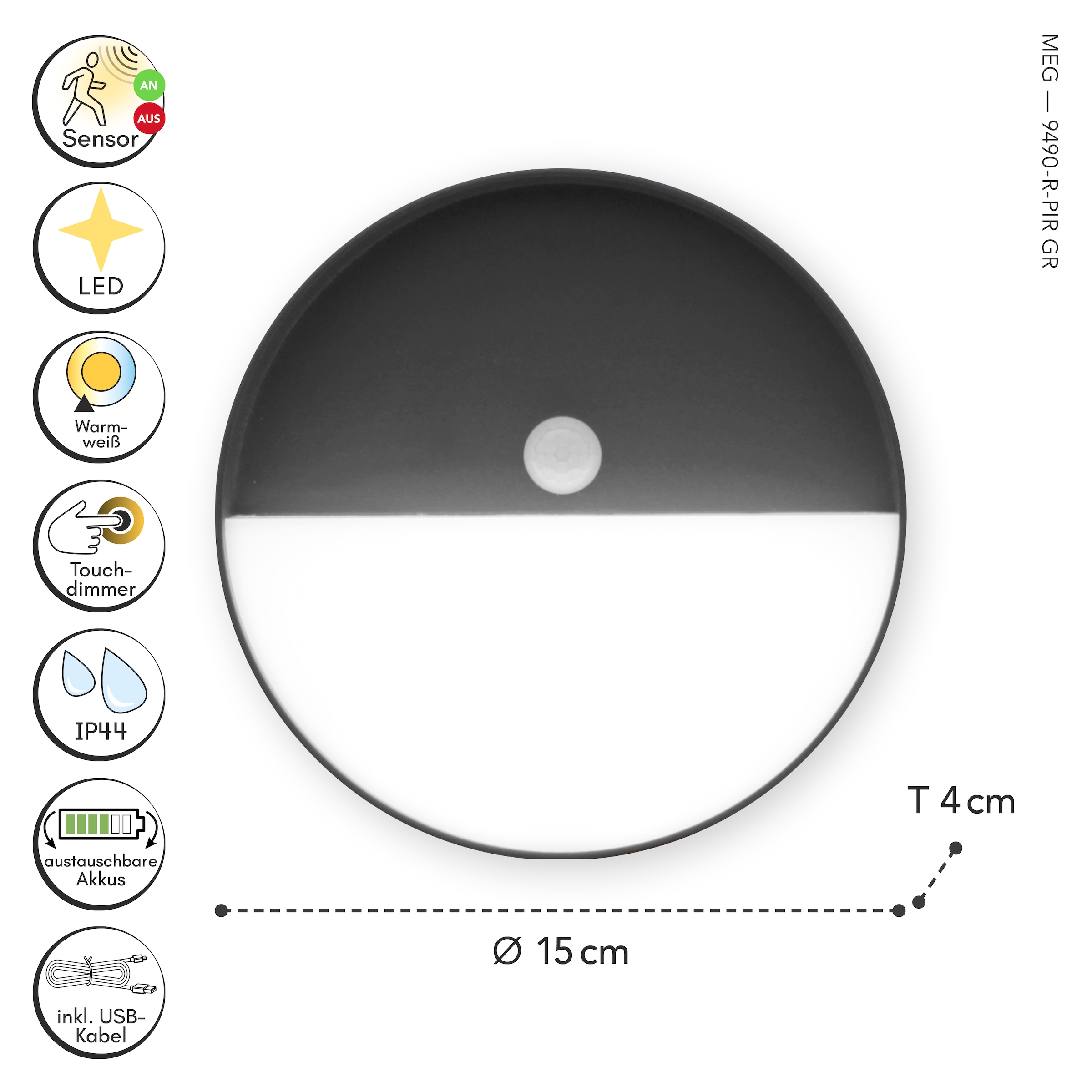 ECO-LIGHT LED Außen-Wandleuchte »LED-Wandleuchte MEG + PIR«, 1 flammig, Leuchtmittel LED-Board | LED fest integriert, Akku-Licht für Innen & Außen
