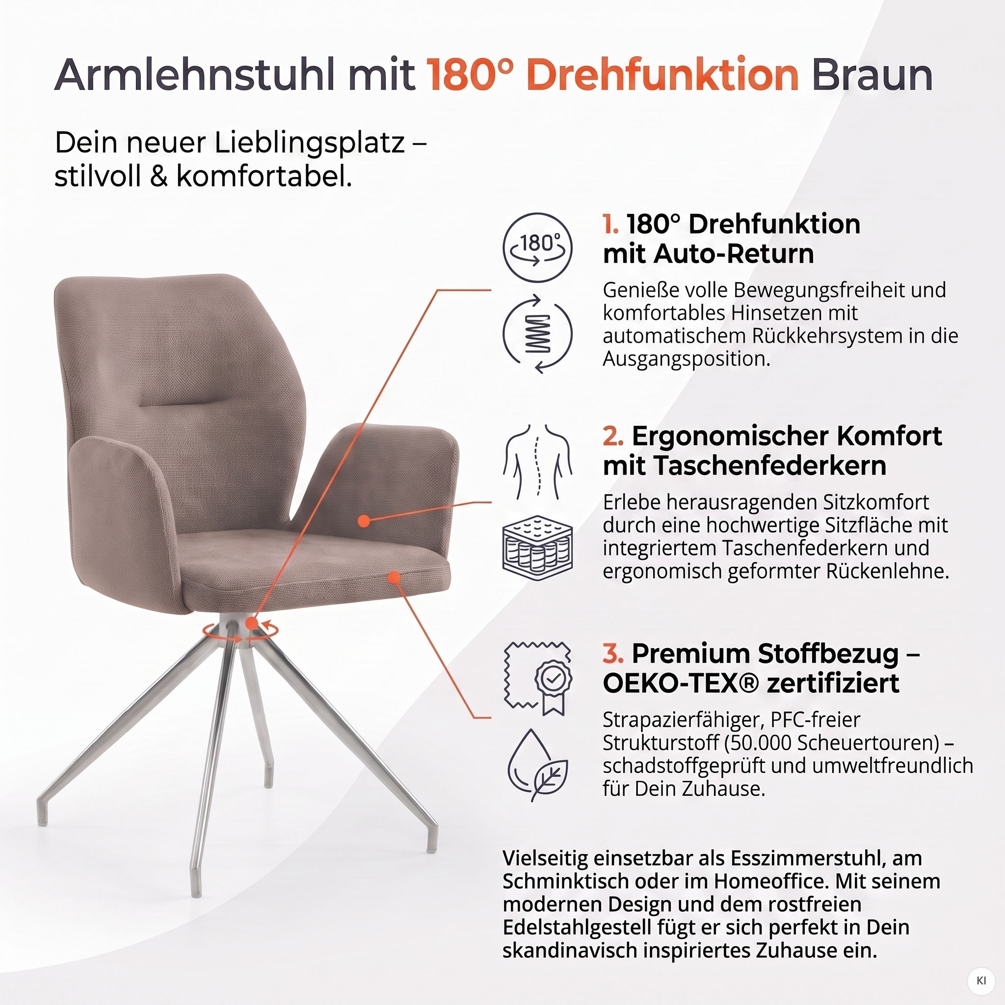 SalesFever Esszimmerstuhl »Taormina Armlehnstuhl mit silbernem Edelstahlgestell« () 1 Stk.Esszimmersessel, 180° Drehfunktion, Gestell aus rostfreiem Edelstahl