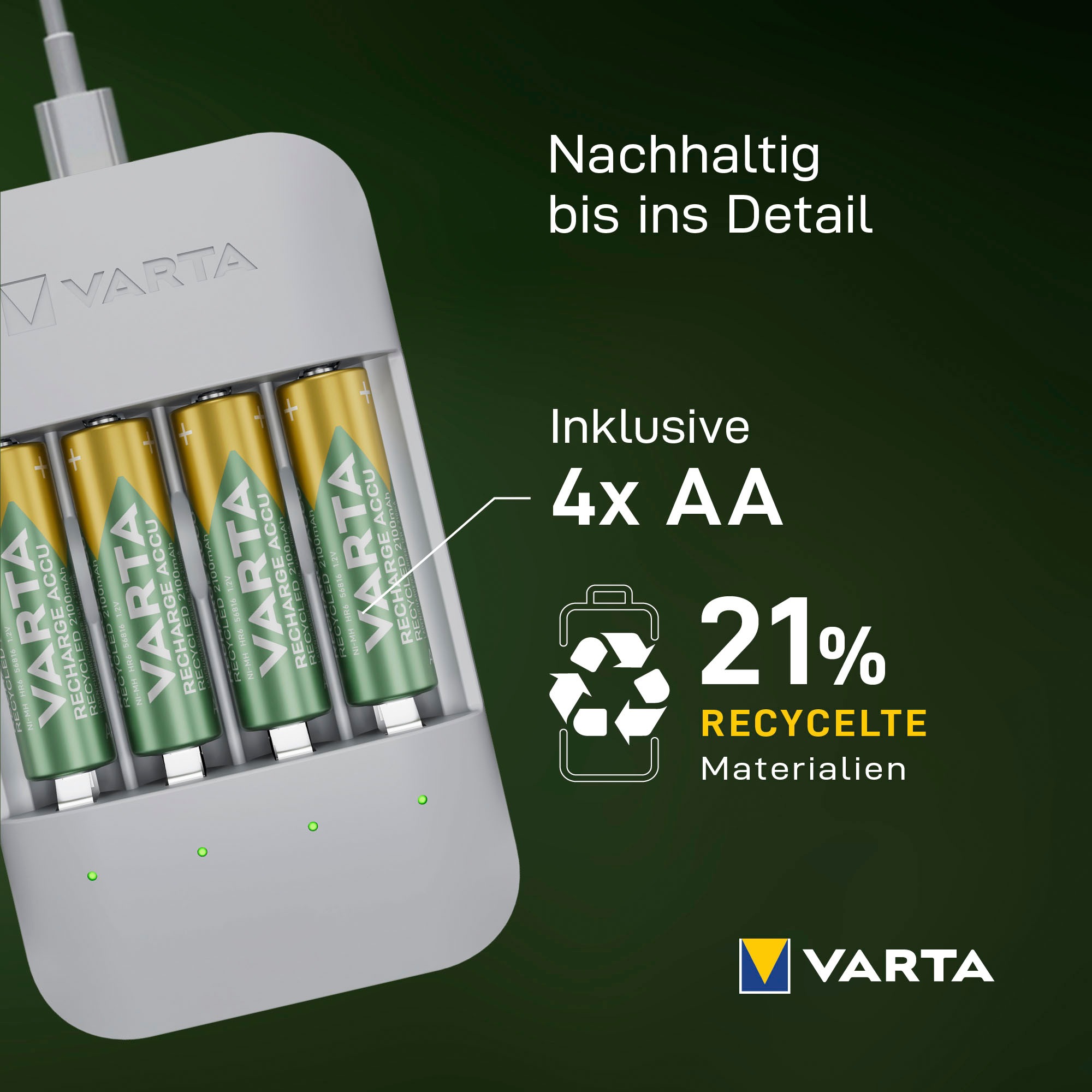 VARTA Batterie-Ladegerät »Eco Charger Pro Recycled + 4 x 2100 mAh AA«, (Packung)