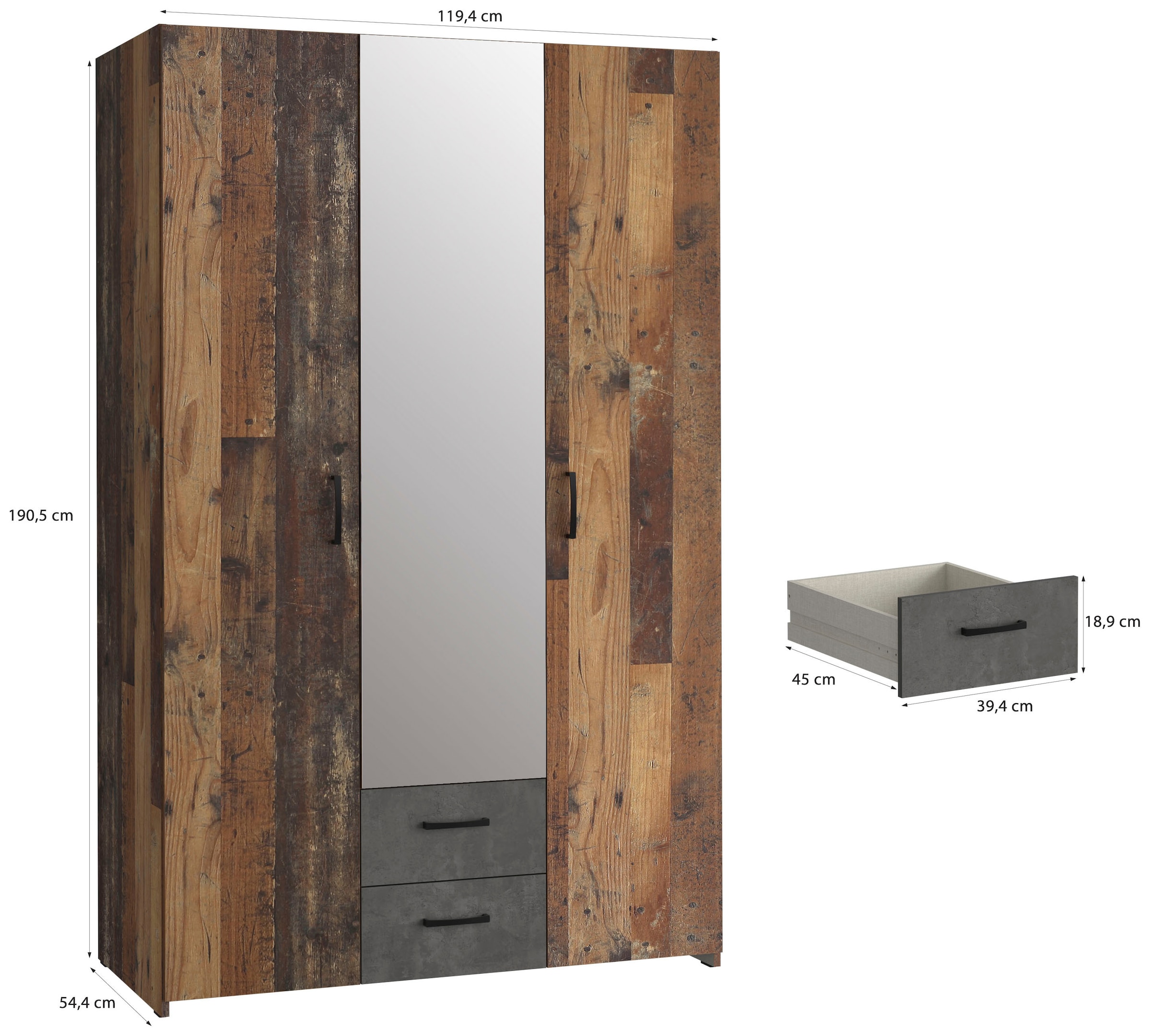 FORTE Kleiderschrank »ECONOBOX, Drehtürenschrank 120cm, mit Spiegel, 2 Schubkästen« B/H/T 119,4/190,5/54,4 cm, Old Wood Vintage/Betonoptik dunkelgrau
