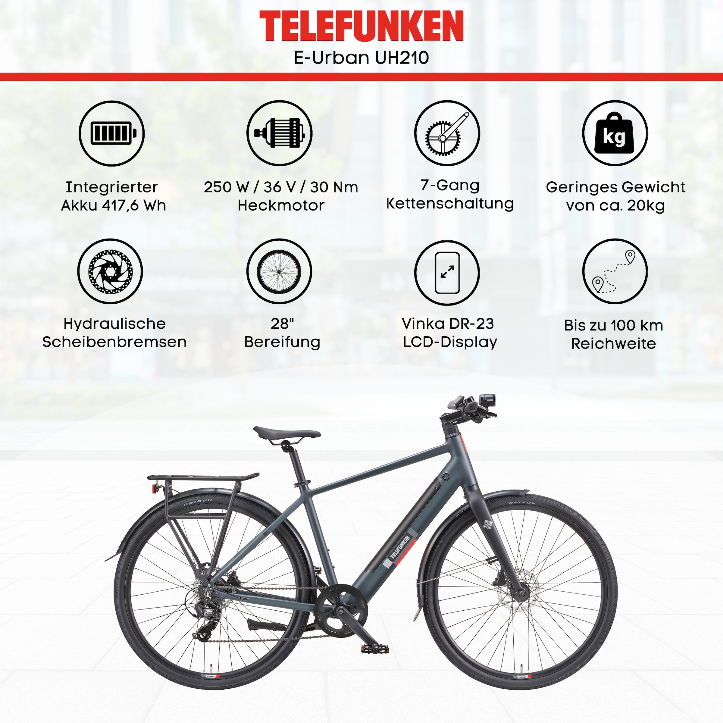 Telefunken E-Bike »UH210 Herren«, 7 Gang, Shimano, Heckmotor 250 W, (28 Zoll, Straßenzulassung, Drehmomentsensor), Pedelec, Elektrofahrrad für Herren, Urbanbike