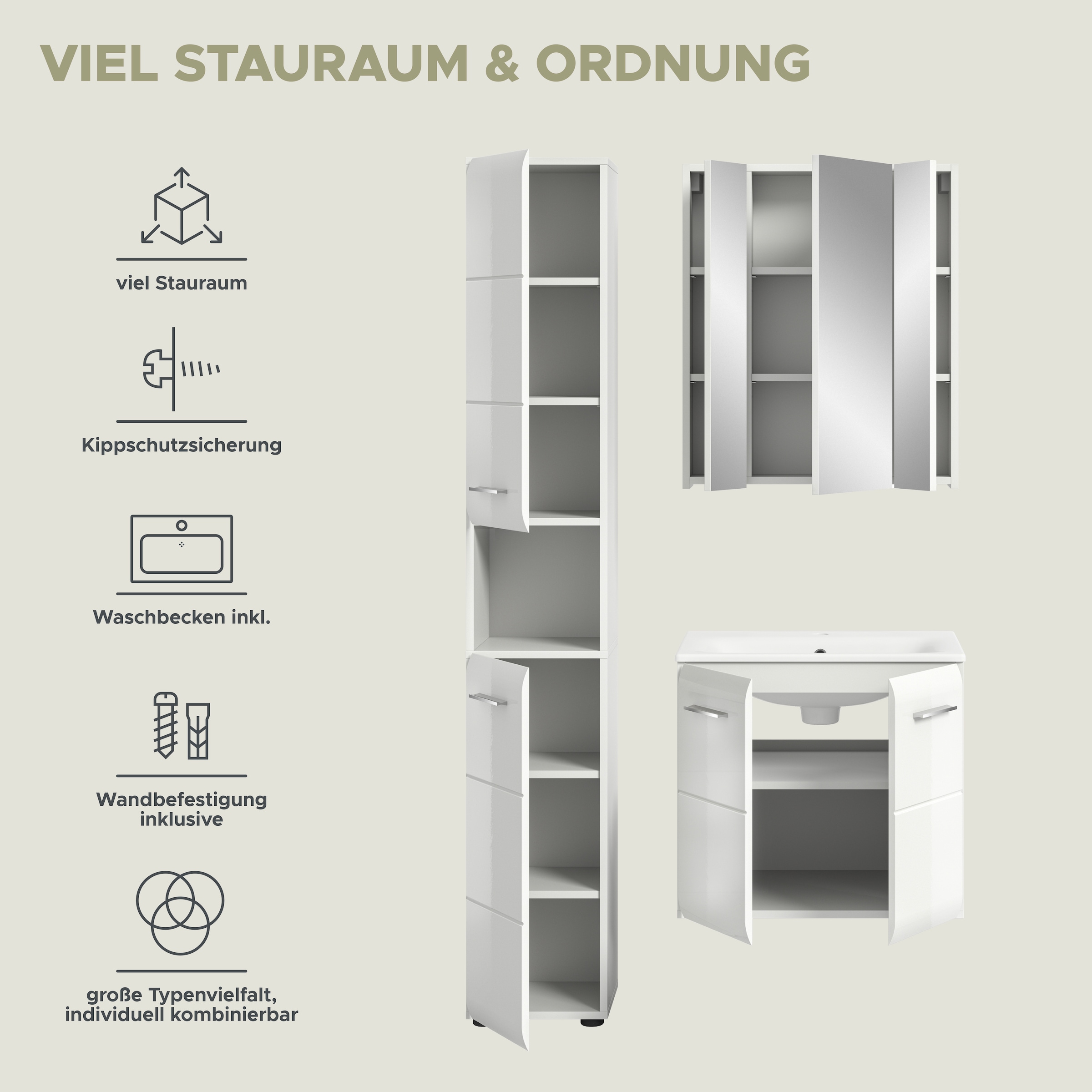 INOSIGN Badezimmer-Set, (Set, 4 St.), Florenz, Badkombination 4-tlg., Weiß hochglanz, inkl. Waschbecken