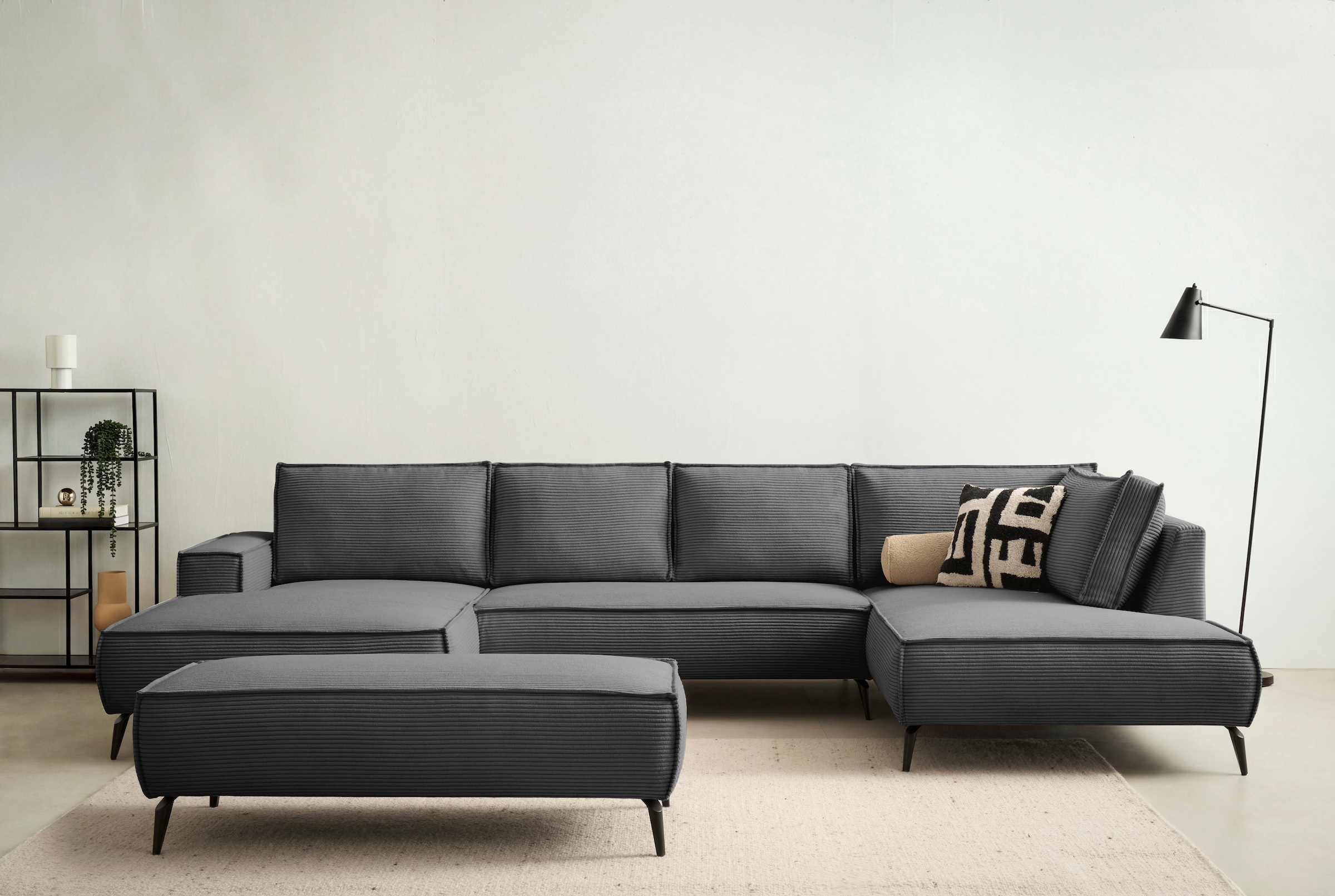 OTTO home Wohnlandschaft "TVINNU Cord, 354 cm, mit Hocker" Recamiere rechts/links, stellbar zum Schlafsofa (Krokodilverbinder)