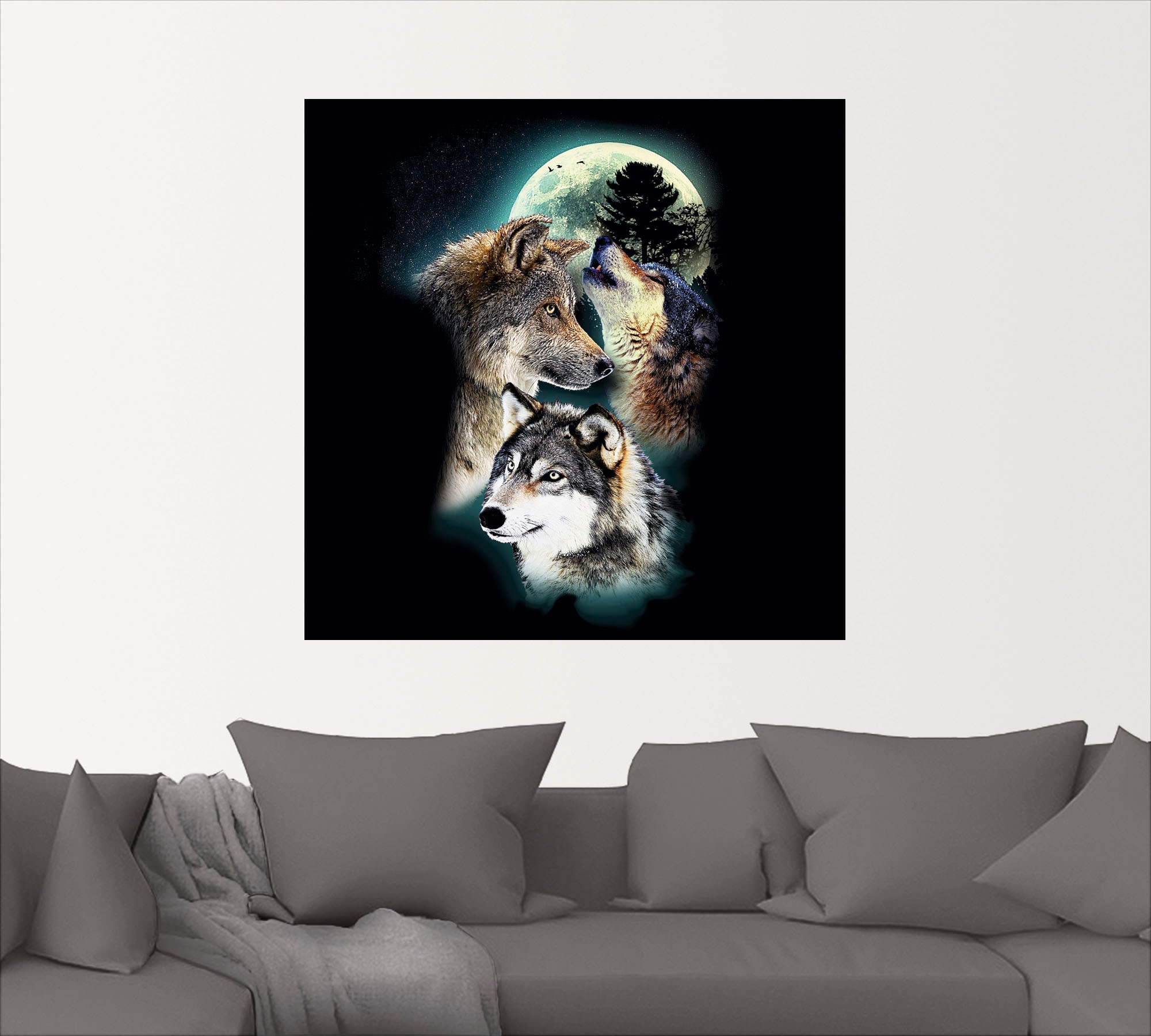 Artland Wandbild »Phantasie Wolf Wölfe mit Mond«, Wildtiere, (1 St.), als Leinwandbild, Poster, Wandaufkleber in verschied. Größen