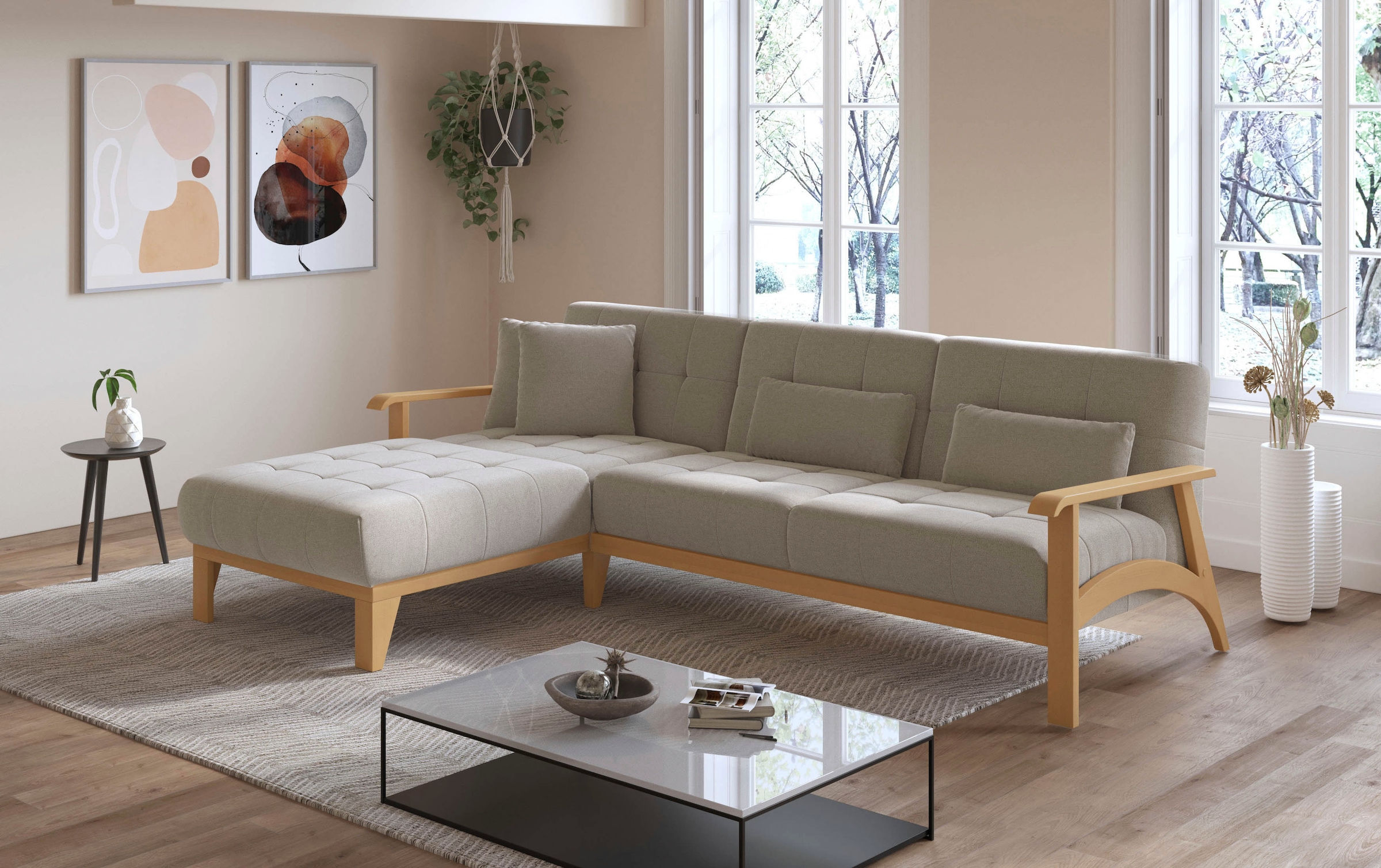 sit&more Ecksofa »Billund L-Form«, Armlehnen aus eichefarbigem Buchenholz, verschiedene Bezüge und Farben