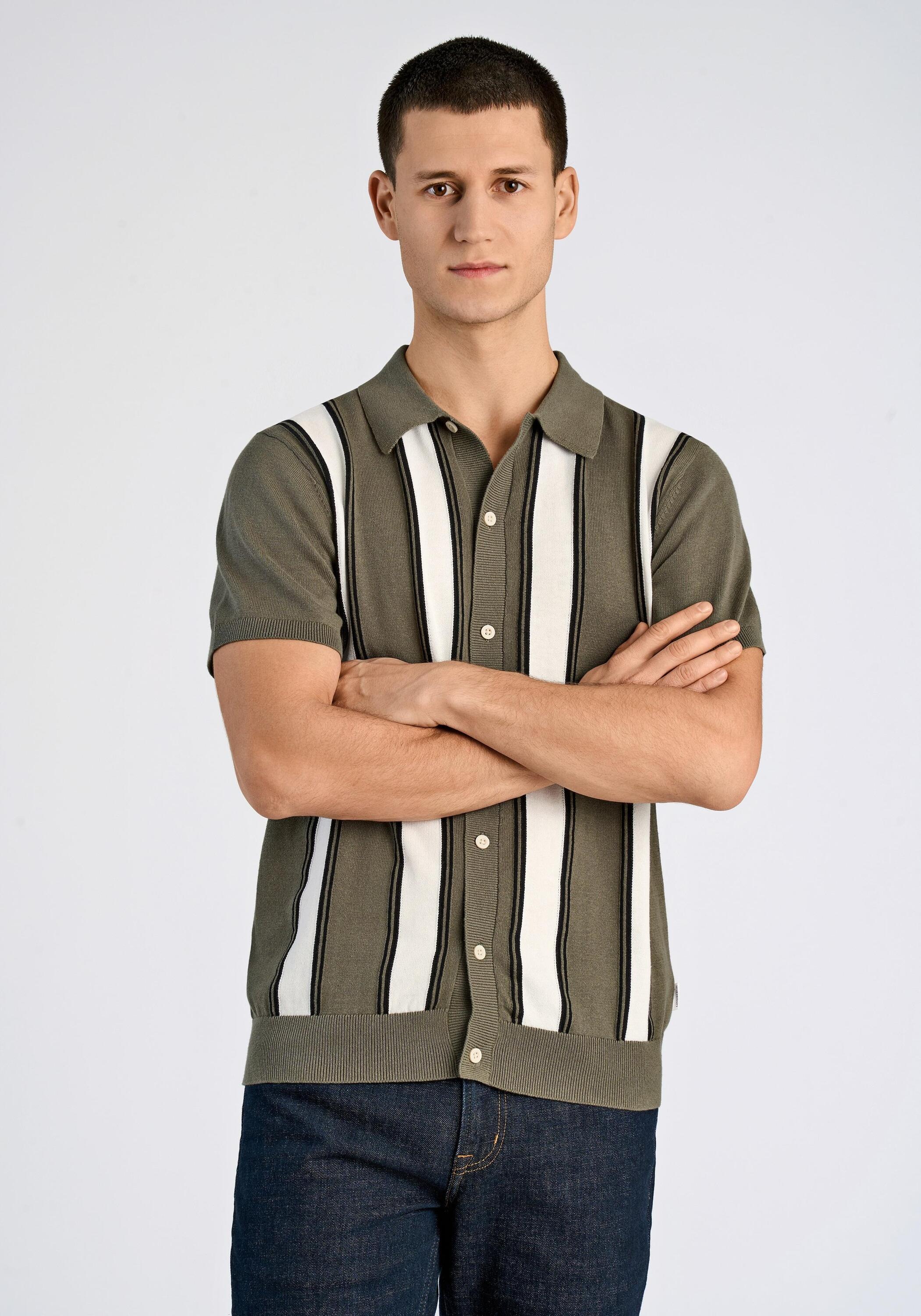 Strickcape LINDBERGH "Cardigan Kurzarm Relaxed Fit", Herren, Gr. L, grün (lt army), Obermaterial: 100% Baumwolle, gestreift, Strickjacken